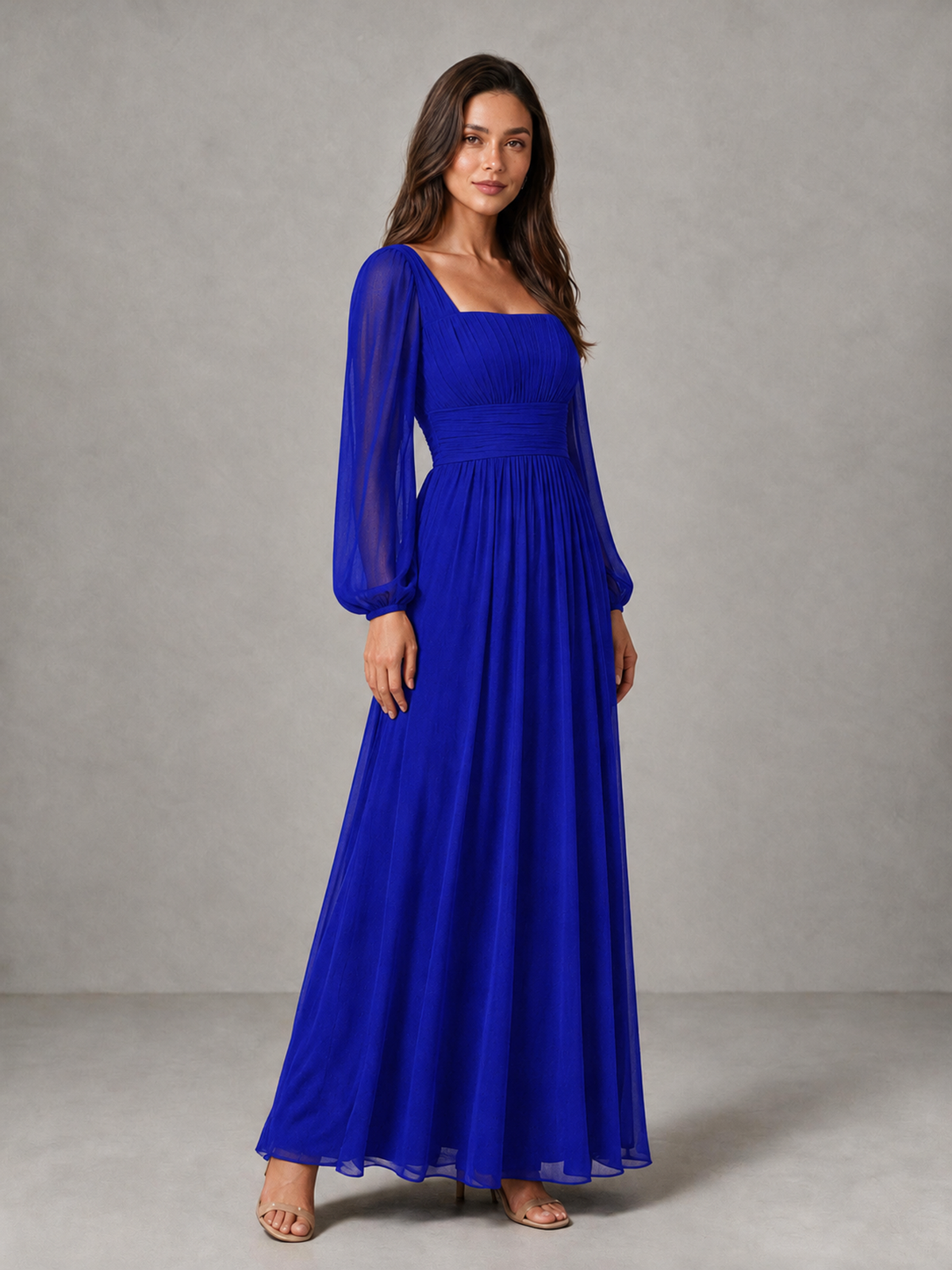 BOLODOO Royal Blue Square Neck Long Sleeve Chiffon Bridesmaid Dress - Royal Blue - Royal Blue_3