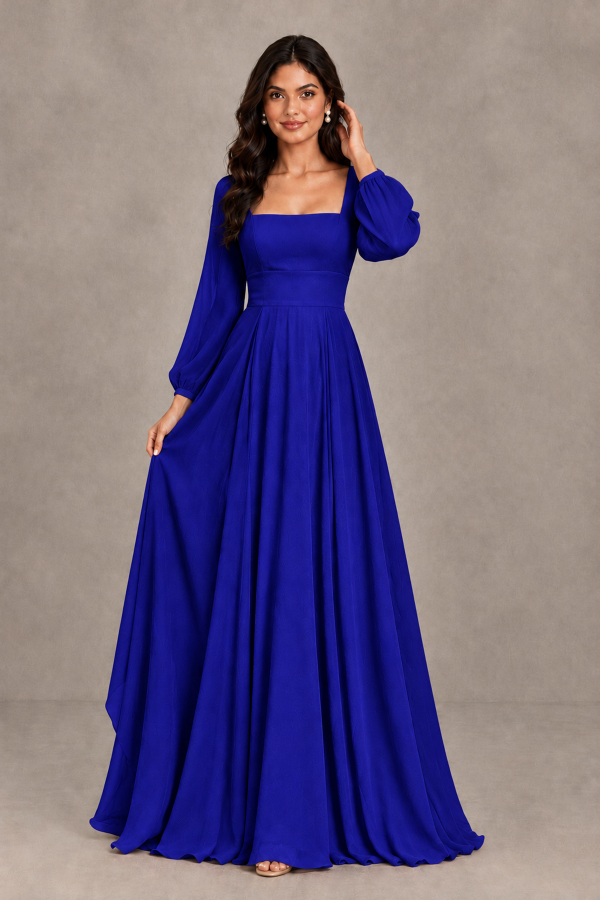 BOLODOO Royal Blue Square Neck Long Sleeve A-Line Bridesmaid Dress - Royal Blue - Royal Blue_3