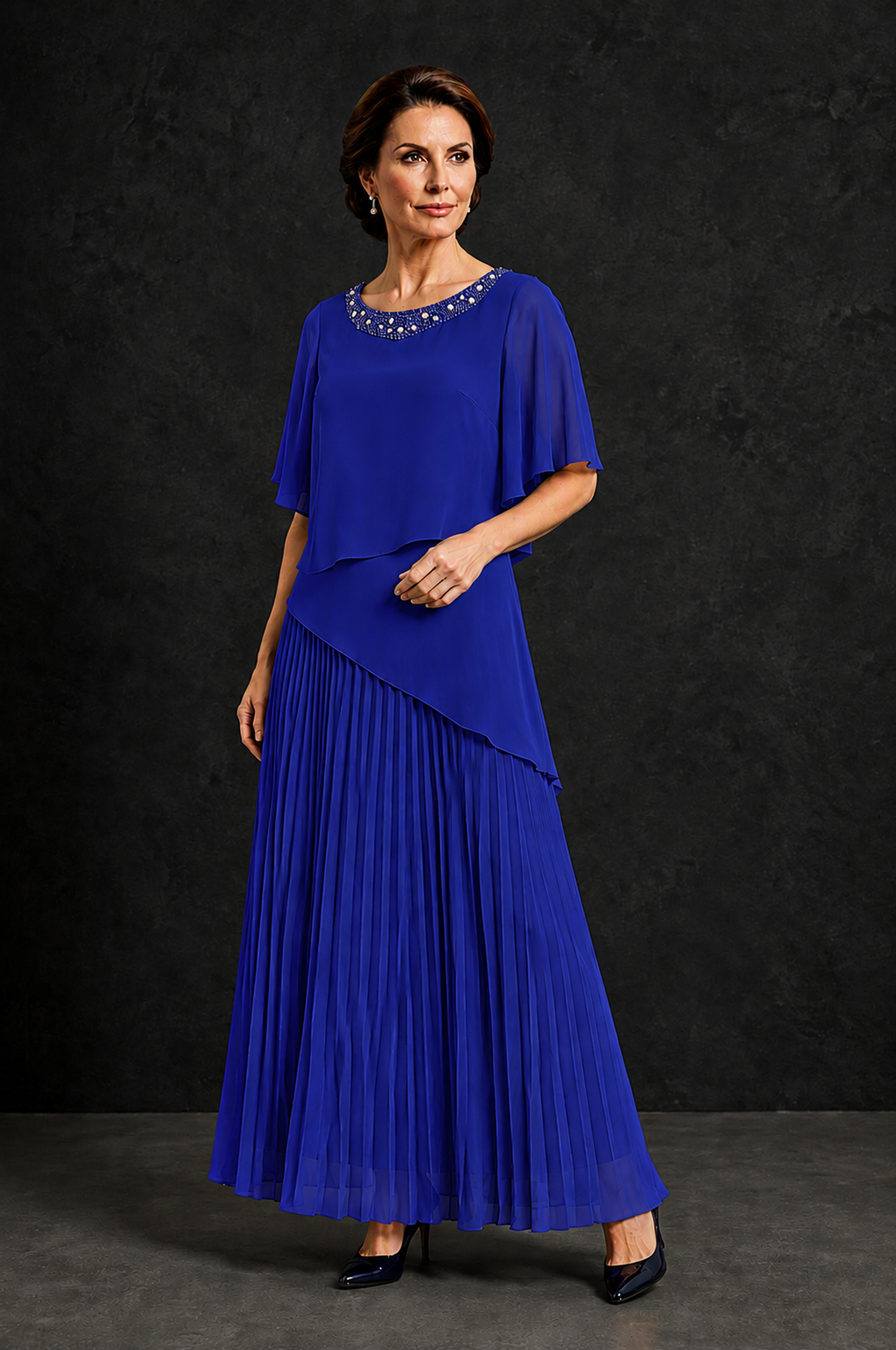 BOLODOO Royal Blue Pearl Beaded Neck Asymmetric Tiered Flutter Sleeve Pleated Chiffon Maxi Dress - Royal Blue - Royal_Blue_3