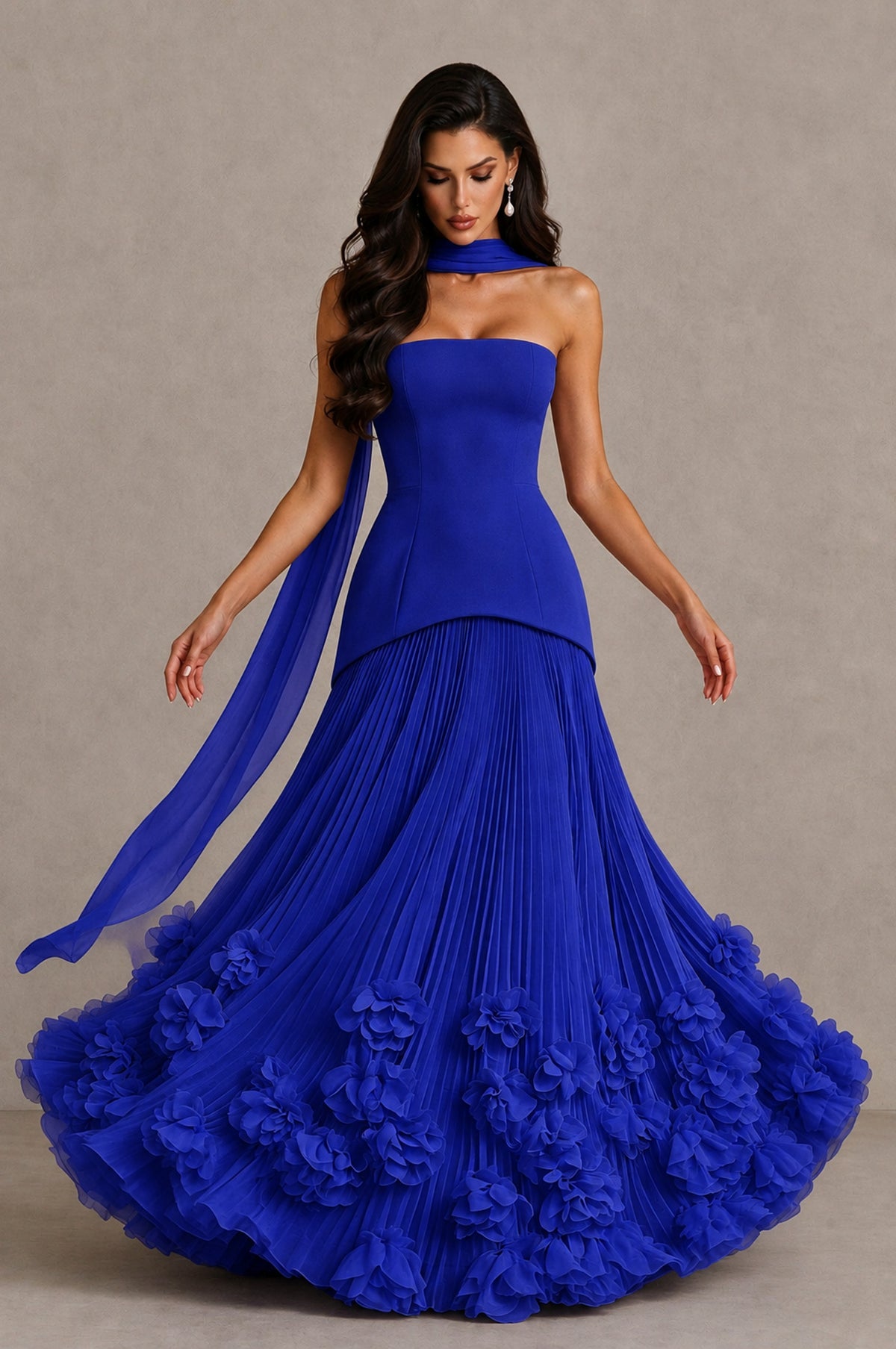 BOLODOO Royal Blue Strapless Pleated Floral Hem Evening Gown - Royal Blue - Royal Blue_3