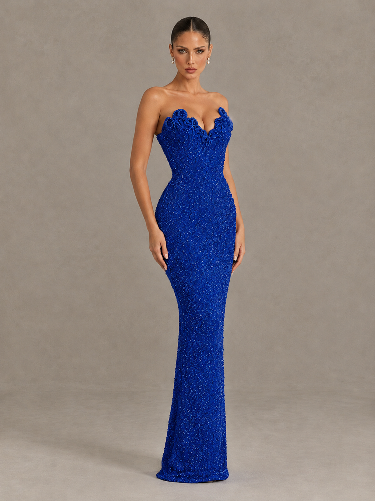 BOLODOO Royal Blue Strapless Sequin Evening Gown with Floral Neckline - Royal Blue - Royal Blue_3