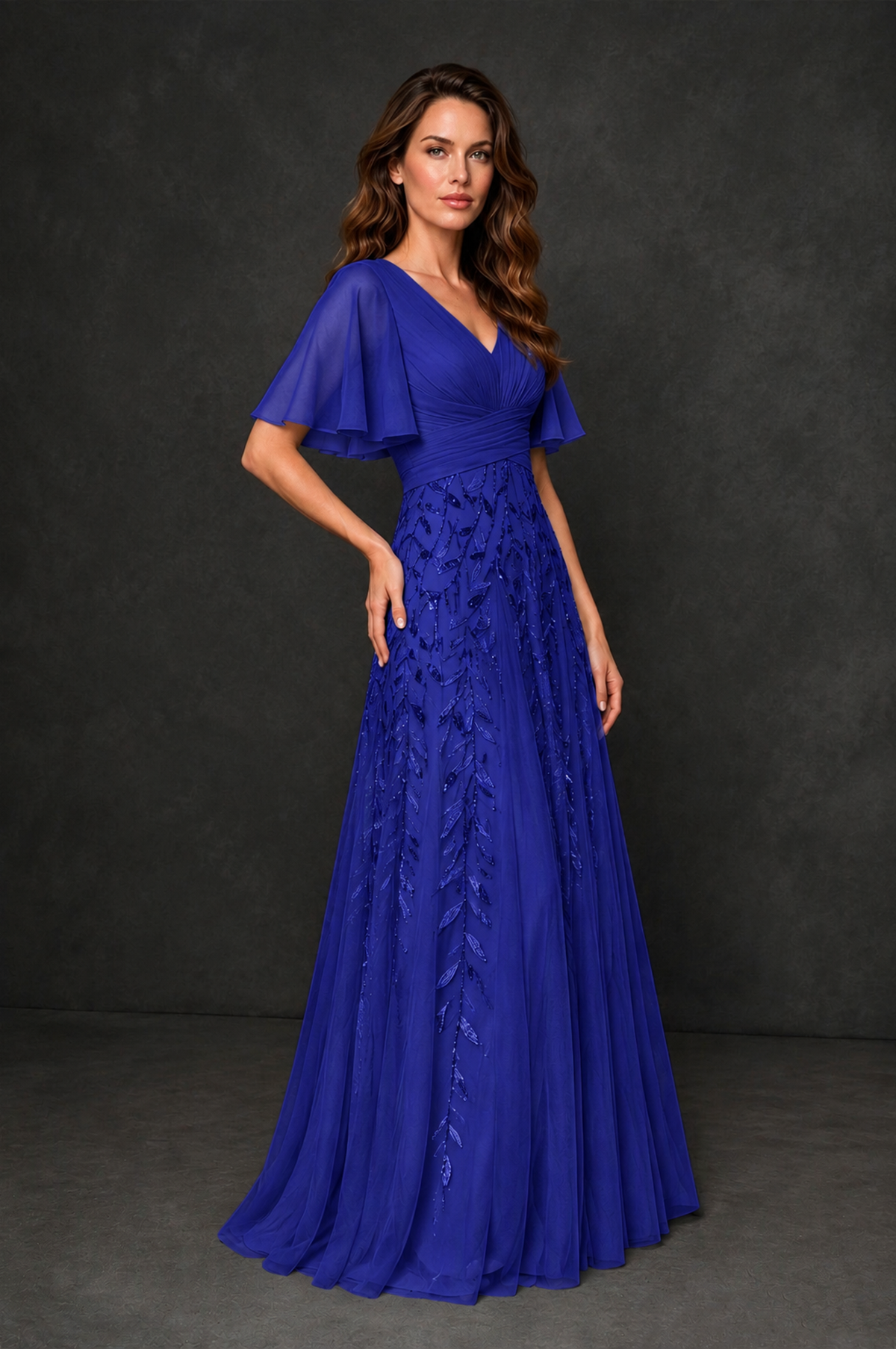 BOLODOO Royal Blue V-Neck Flutter Sleeve Beaded Botanical Tulle A-Line Gown | Mother of the Bride Evening Dress - Royal Blue - Royal Blue_3