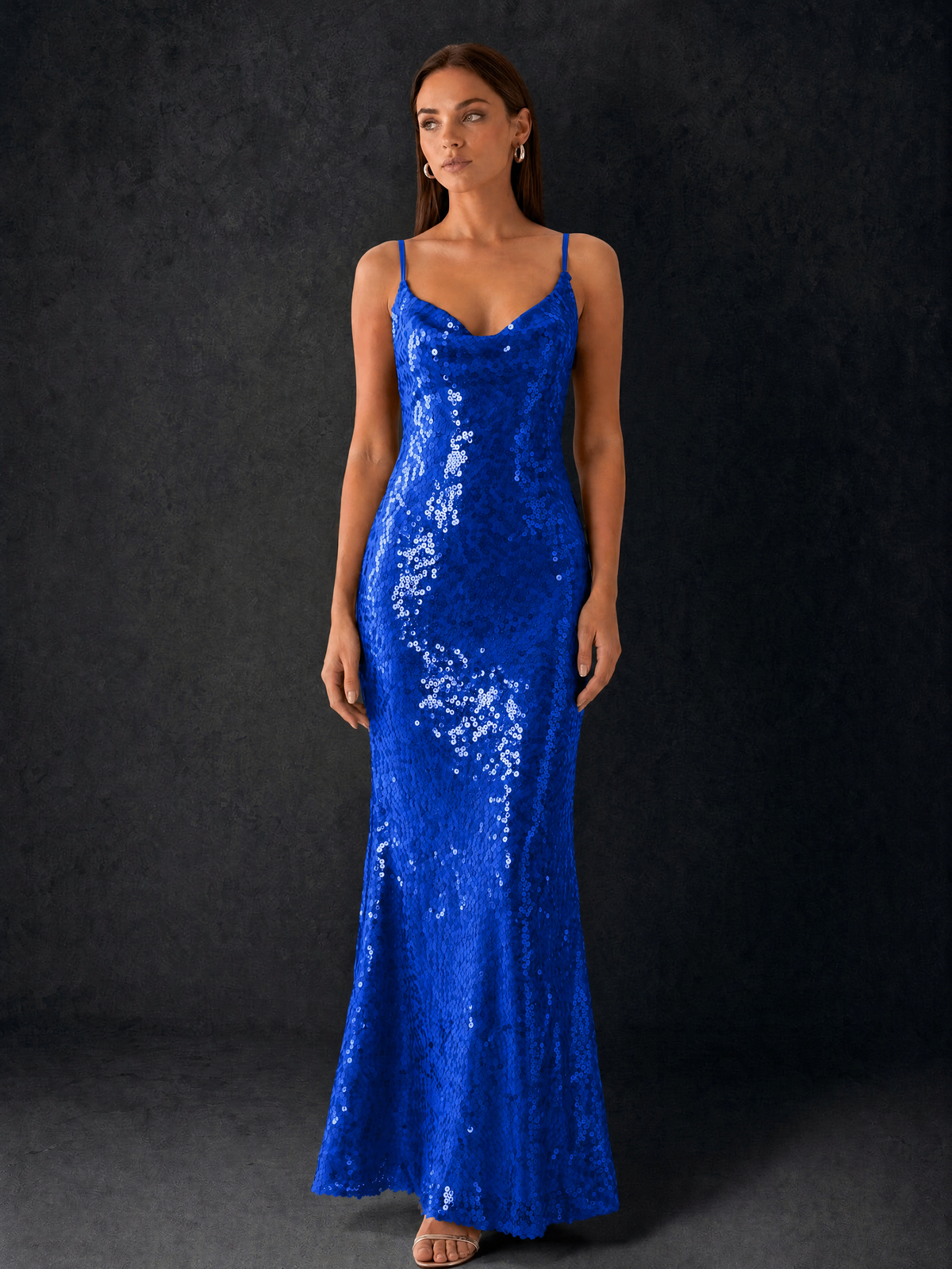 BOLODOO Bronze Sequin Cowl Neck Spaghetti Strap Mermaid Maxi Dress with Open Criss-Cross Back - Royal Blue - Royal Blue