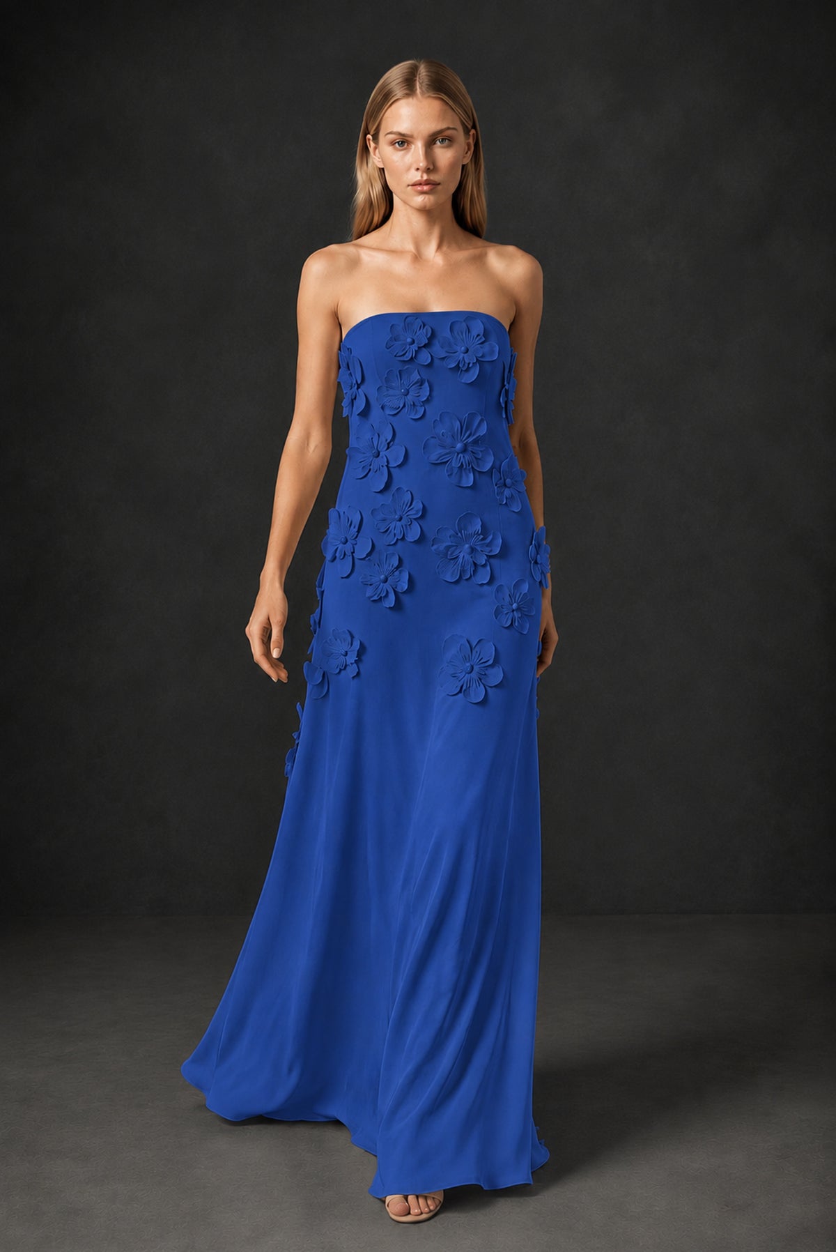 BOLODOO Royal Blue Strapless 3D Floral Appliqué Crepe Maxi Gown - Royal Blue