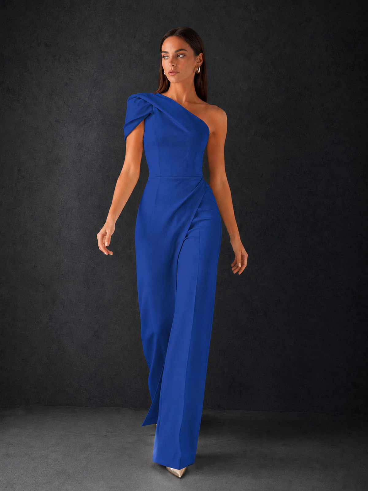 BOLODOO Royal Blue One-Shoulder Puff Sleeve Wide-Leg Jumpsuit with Front Slit and Open Back - Royal Blue
