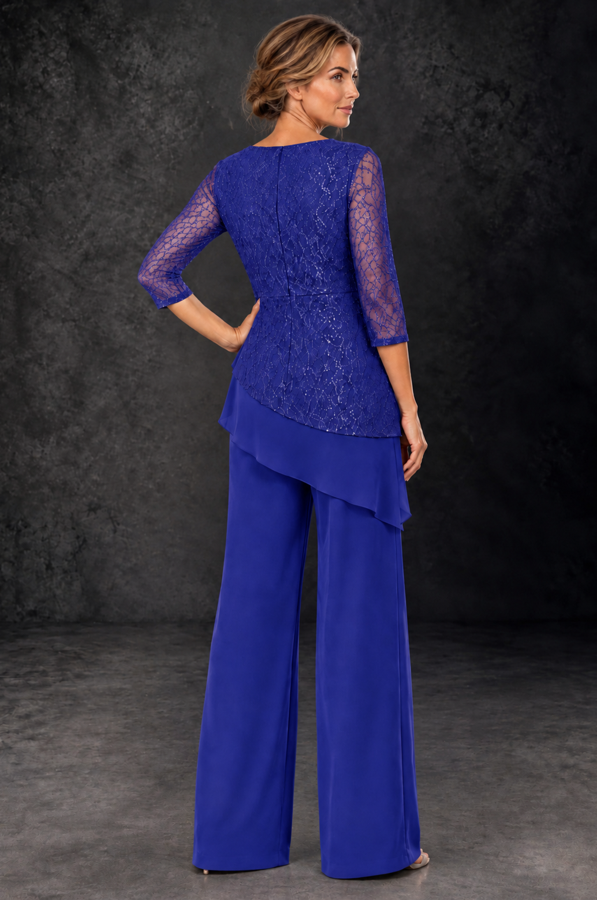 BOLODOO Royal Blue Sequin Lace 3/4 Sleeve Chiffon Mother of the Bride Pant Suit - Royal Blue - Royal_Blue_3