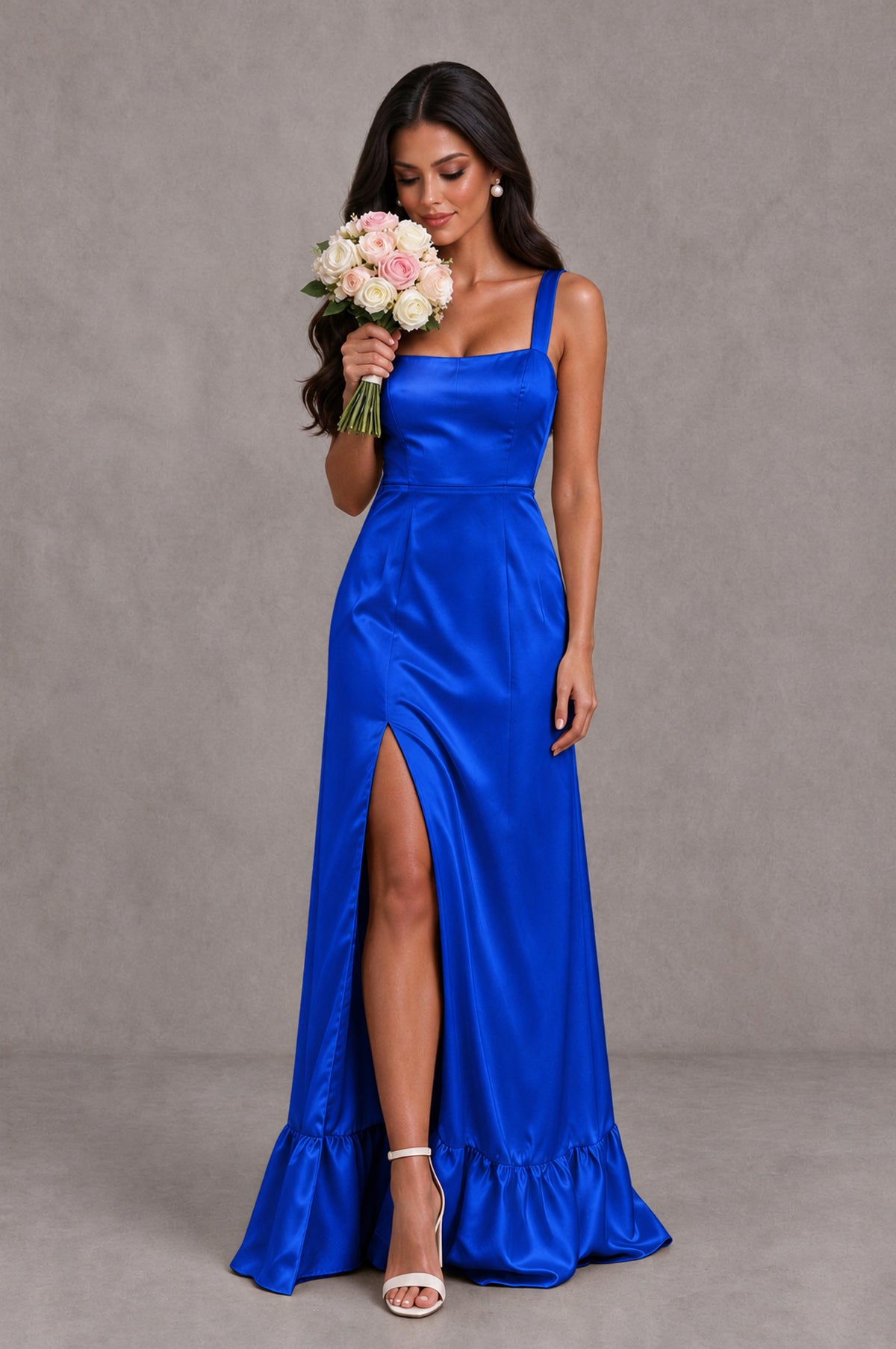 BOLODOO Royal Blue Square Neck Satin Evening Dress with Lace-Up Back and High Slit - Royal Blue - Royal Blue_3