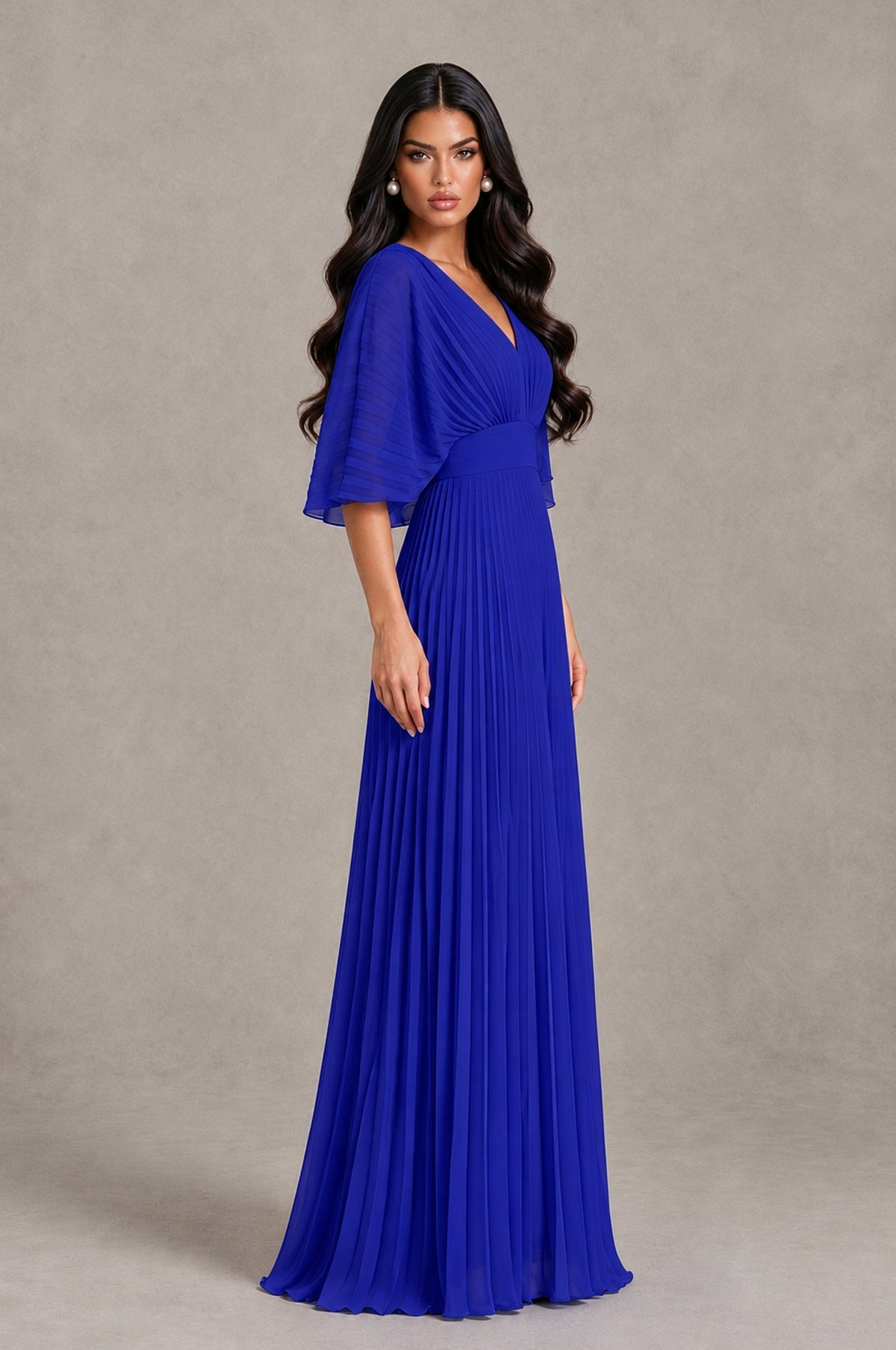 BOLODOO Royal Blue V-Neck Pleated Flutter Sleeve Formal Dress - Royal Blue - Royal Blue_3
