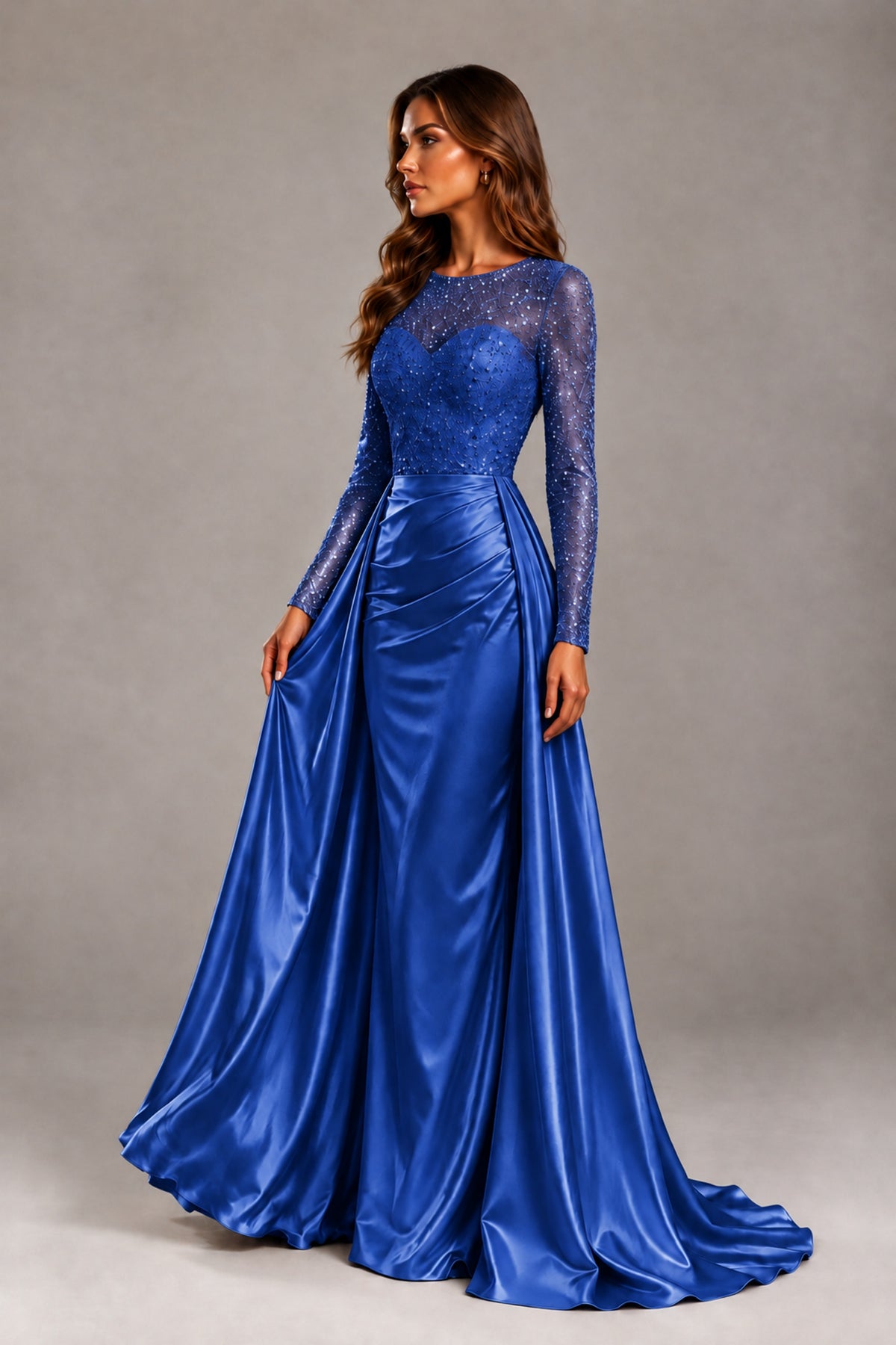 BOLODOO Royal Blue Long Sleeve Embellished Satin Evening Gown with Sweep Train - Royal Blue - Royal Blue_3
