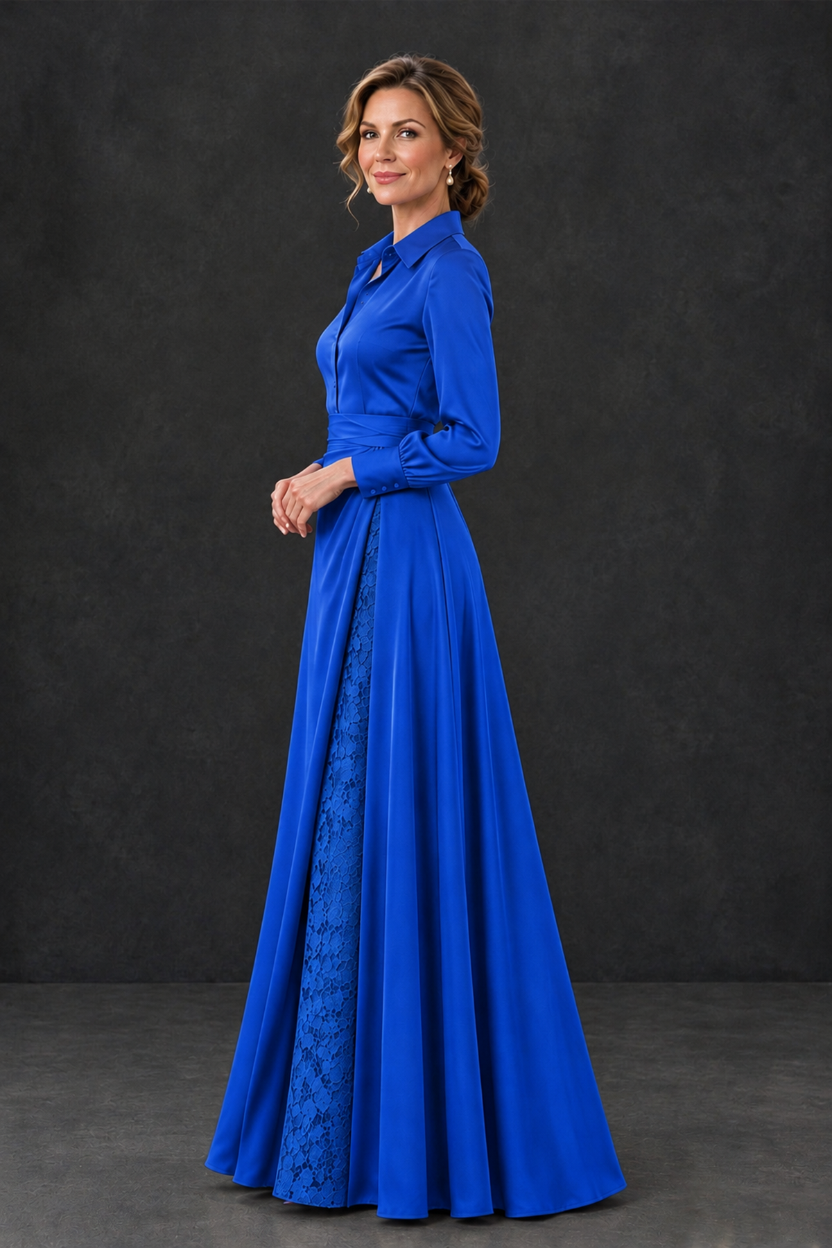 BOLODOO Royal Blue Long Sleeve Satin-Look Lace Panel Gown - Royal Blue - Royal Blue_3