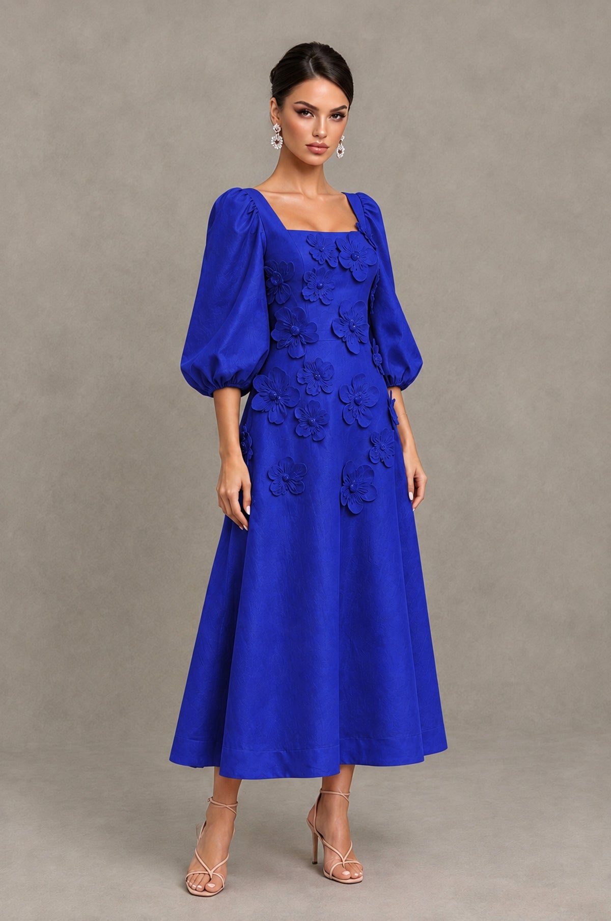 BOLODOO Royal Blue 3D Floral Puff Sleeve Midi Cocktail Dress - Royal Blue - Royal Blue_3