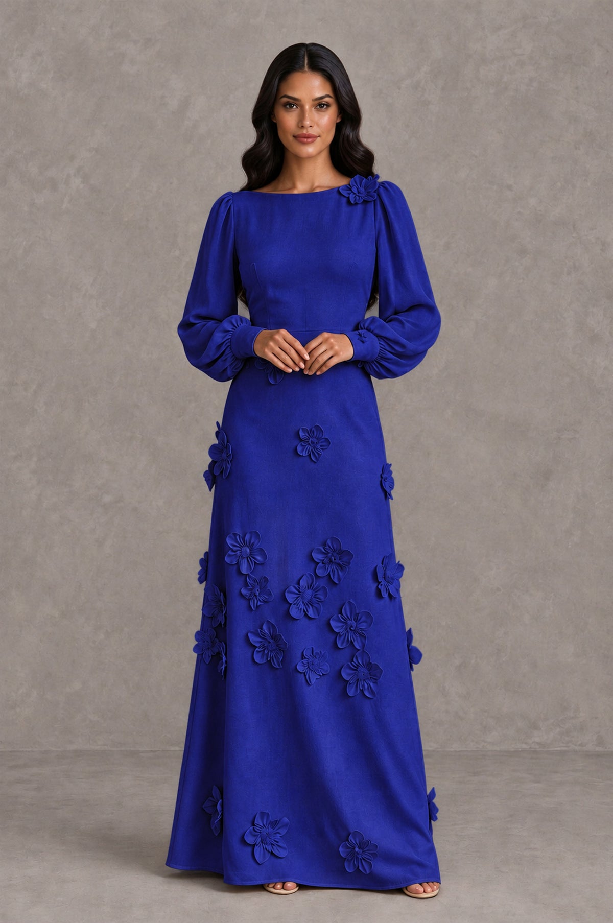 BOLODOO Royal Blue Long Sleeve Floral Applique A-Line Evening Dress - Royal Blue - Royal Blue_3