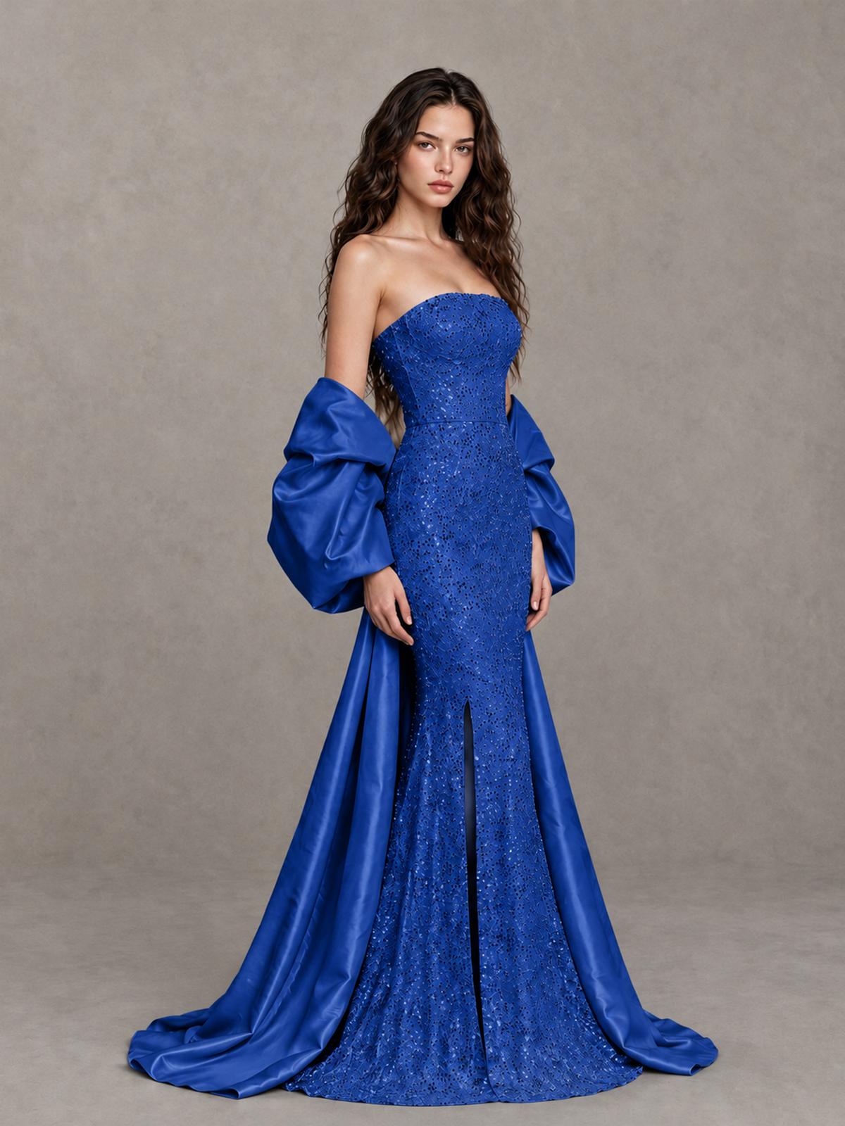BOLODOO Royal Blue Strapless Sparkle Mermaid Prom Dress with Front Slit and Draped Sleeves - Royal Blue - Royal Blue_3