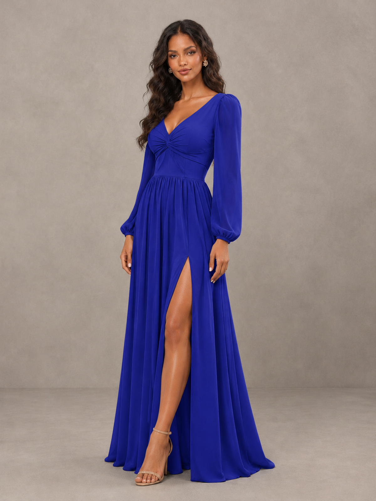 BOLODOO Royal Blue V-Neck Long Sleeve Bridesmaid Dress with Tie Back and Slit - Royal Blue - Royal Blue_3