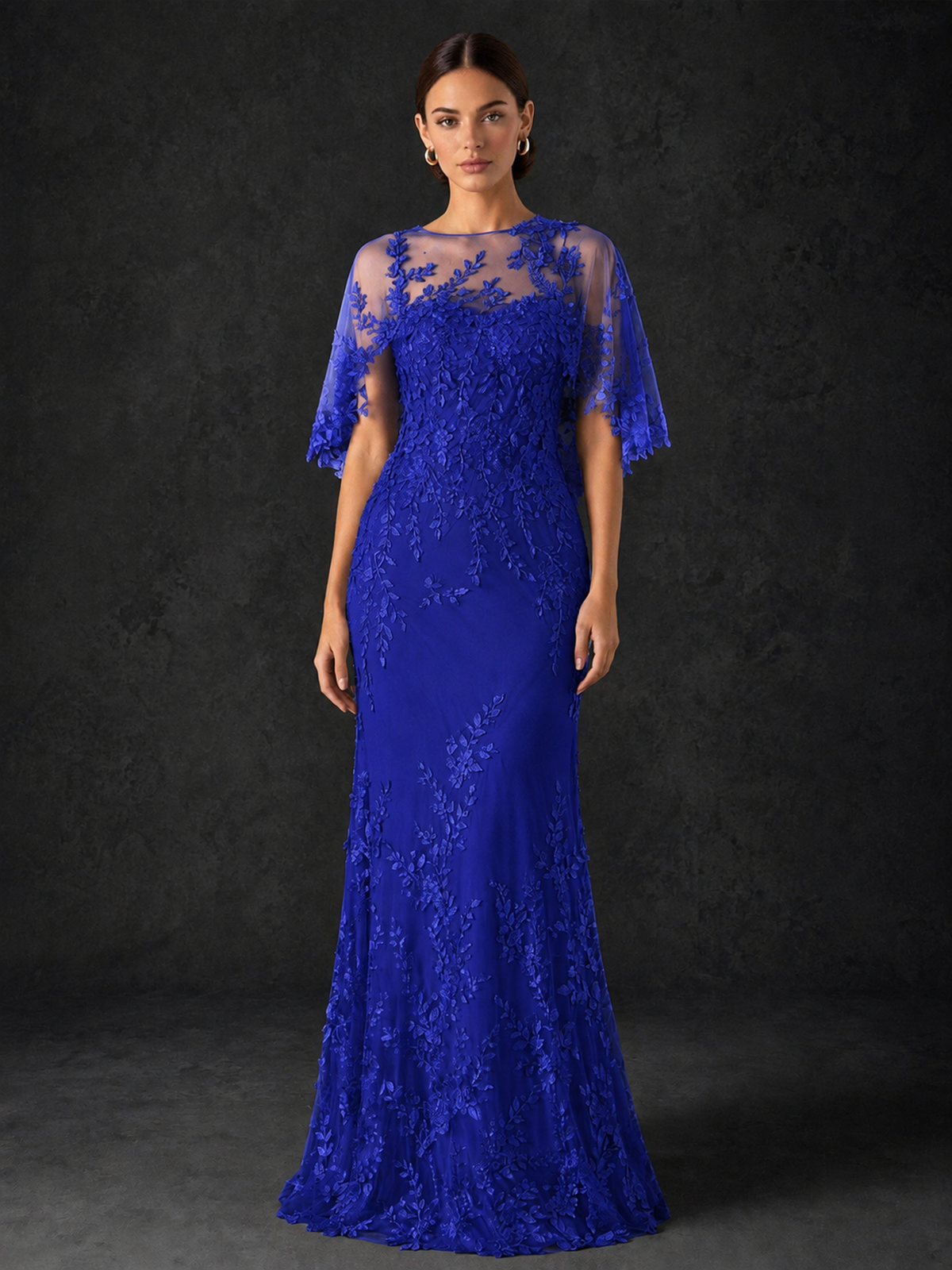 BOLODOO Mocha Royal Blue Botanical Lace Flutter Sleeve Mermaid Gown - Royal Blue