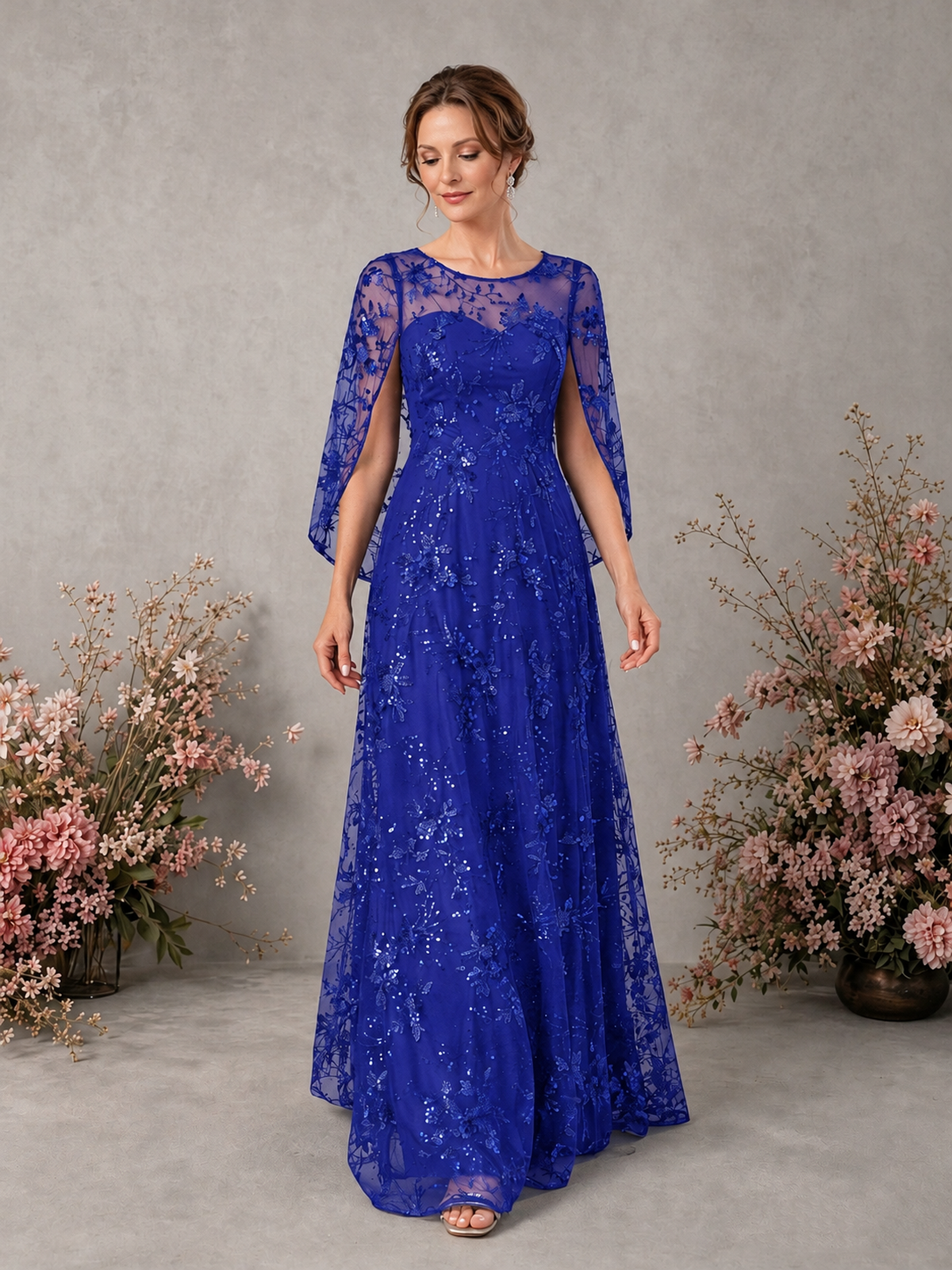 BOLODOO Royal Blue Sequin Lace Cape Sleeve Formal Evening Gown - Royal Blue - Royal Blue_3