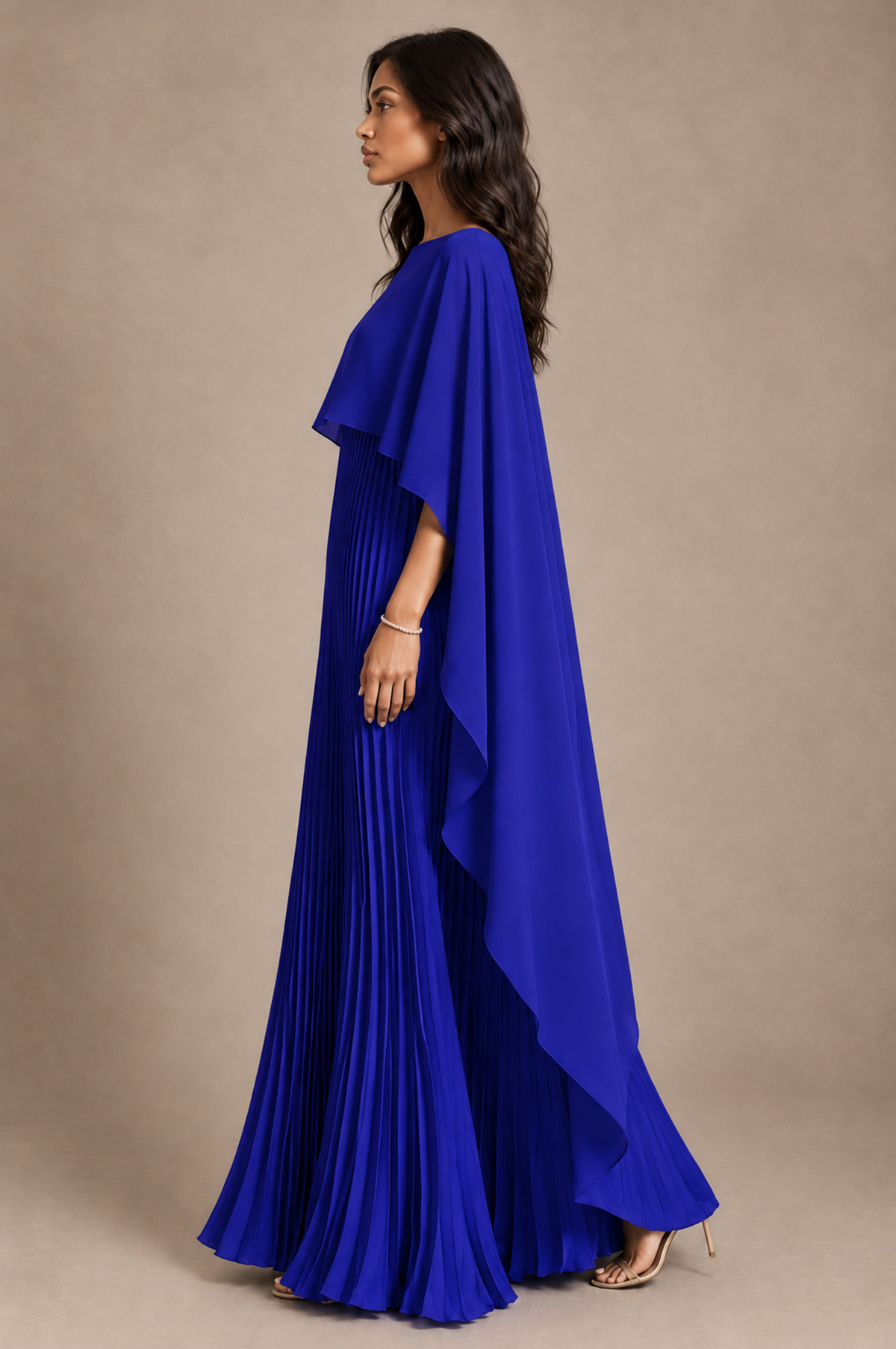 BOLODOO Royal Blue Pleated Cape A-Line Evening Dress - Royal Blue - Royal_Blue_3
