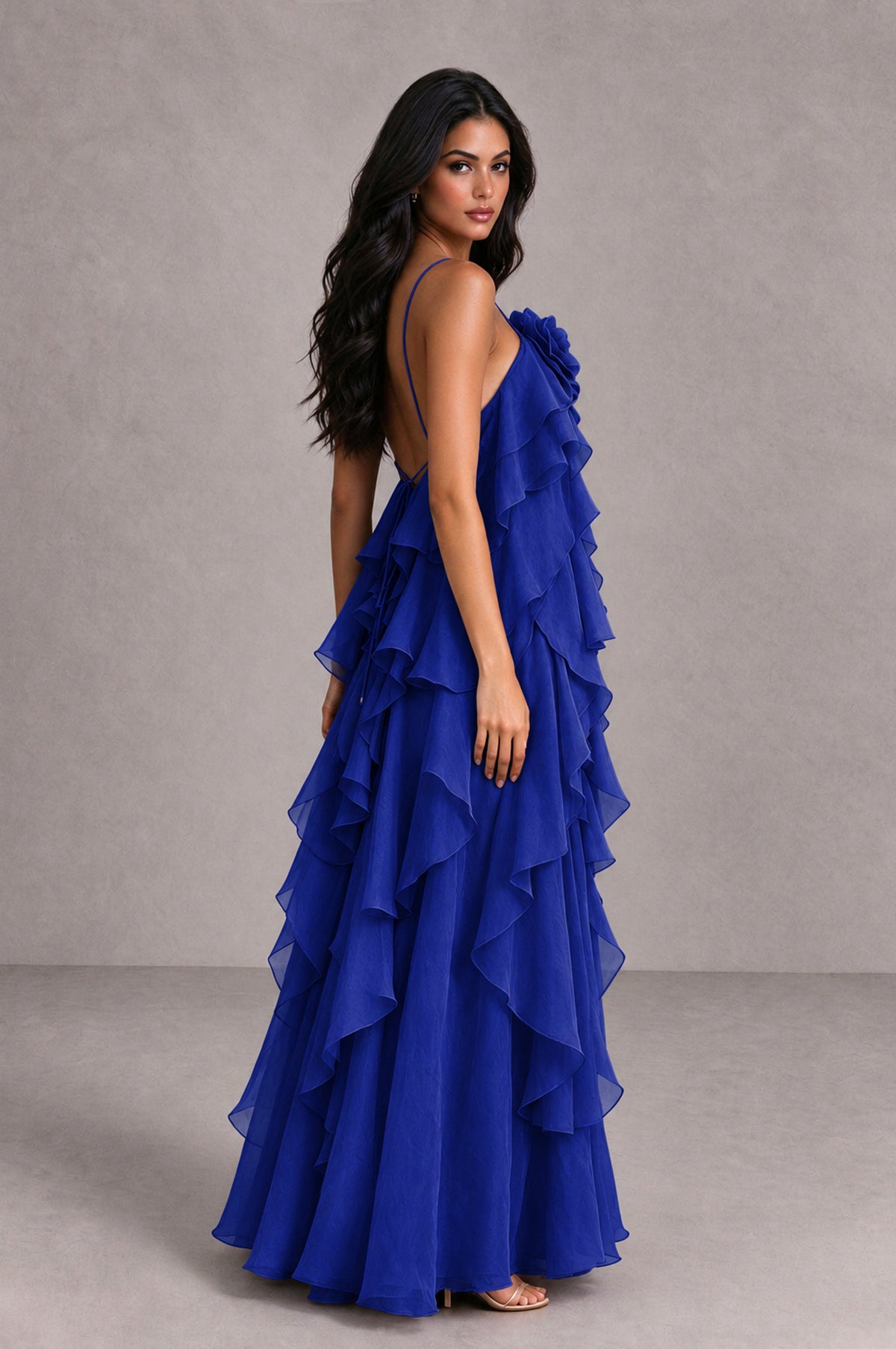BOLODOO Royal Blue Cascading Ruffle Rosette Open-Back Maxi Dress - Royal Blue - Royal Blue_3
