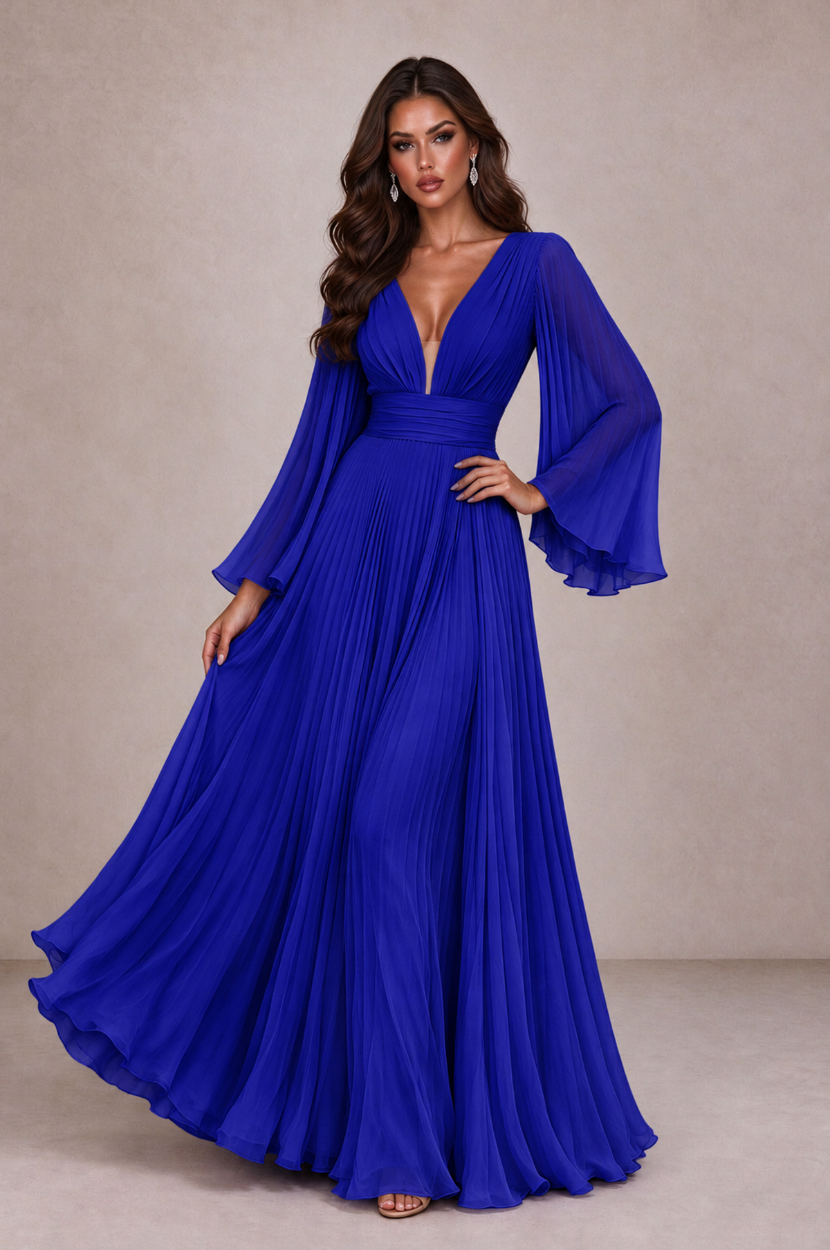 BOLODOO Royal Blue Pleated Deep V-Neck Long Bell Sleeve Evening Dress - Royal Blue - Royal_Blue_3