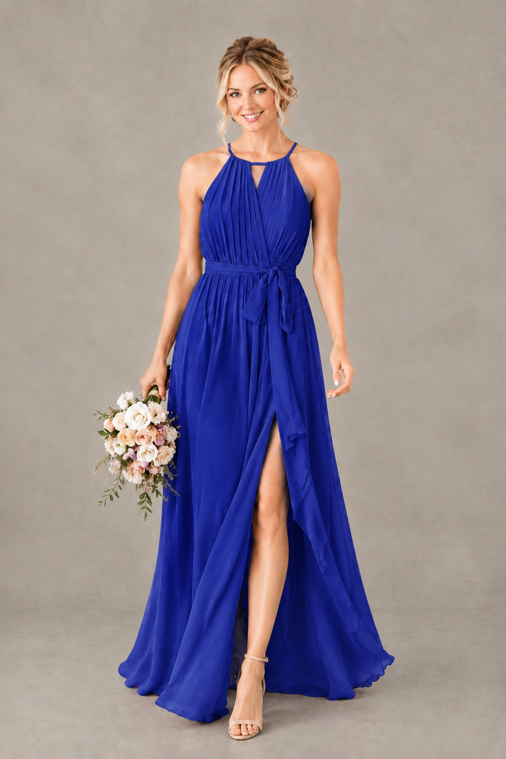 BOLODOO Royal Blue Halter Chiffon Bridesmaid Dress with High Slit - Royal Blue