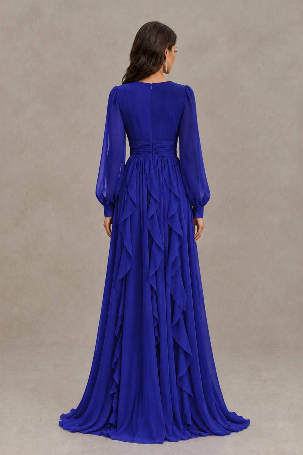 BOLODOO Royal Blue Long Sleeve V-Neck Ruffle Maxi Dress - Royal Blue