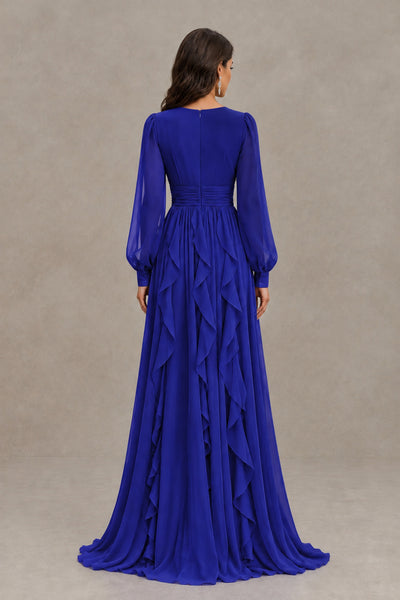 BOLODOO Royal Blue Long Sleeve V-Neck Ruffle Maxi Dress - Royal Blue