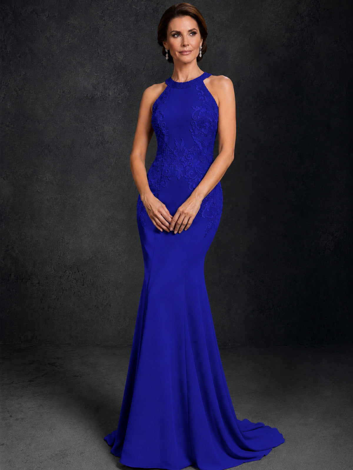 BOLODOO Royal Blue Lace Applique Halter Neck Sheer Back Mermaid Maxi Dress with Sweep Train - Royal Blue