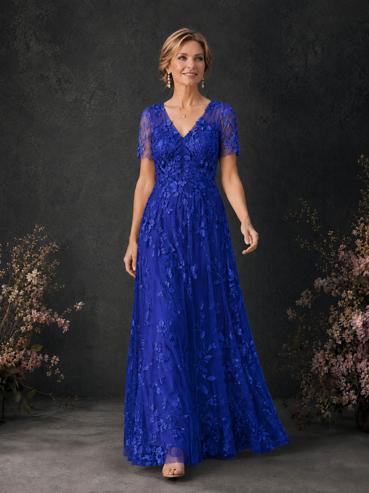 BOLODOO Royal Blue 3D Floral Embroidered Lace V-Neck Short Sleeve A-Line Maxi Dress - Royal Blue