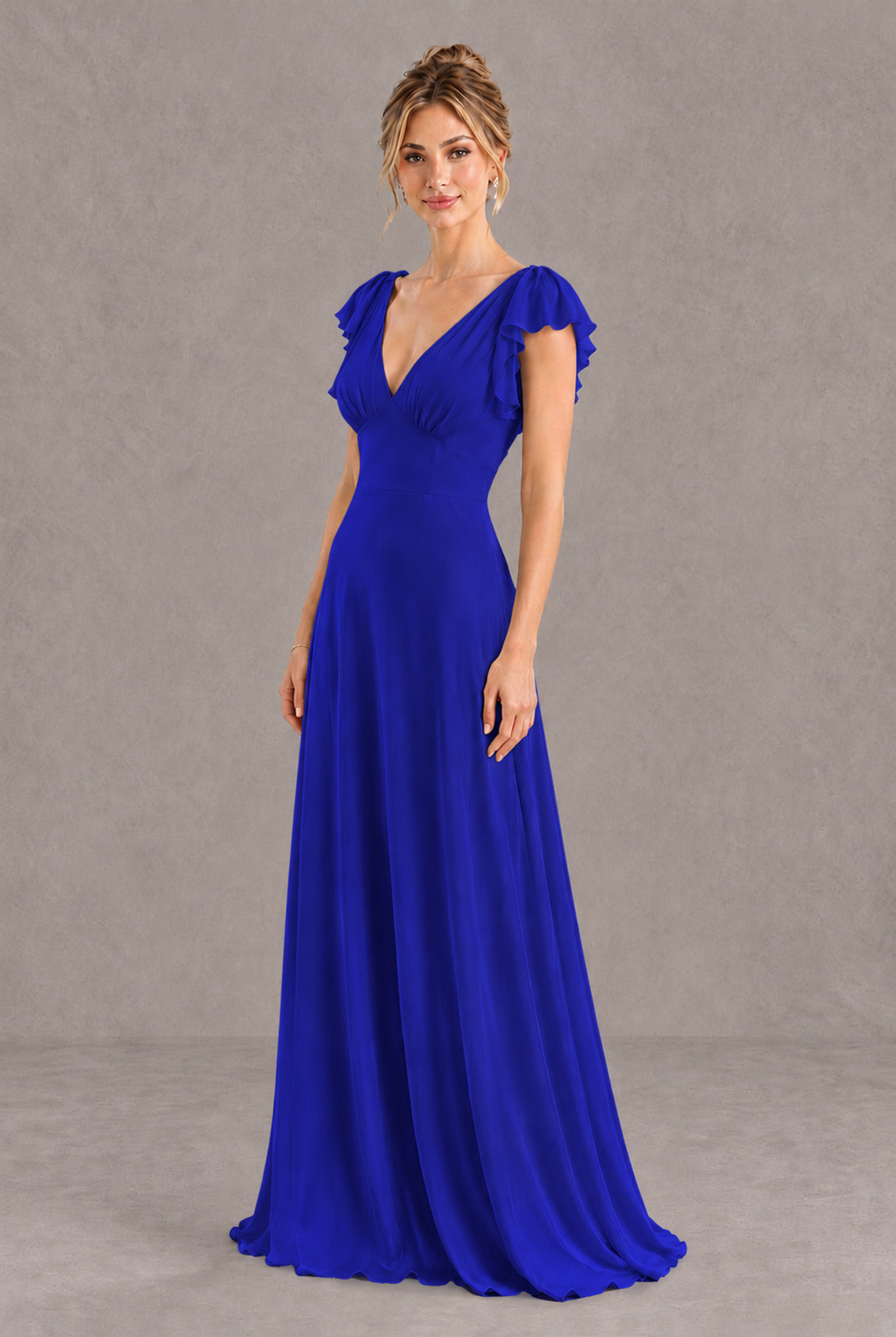BOLODOO Royal Blue V-Neck Flutter Sleeve A-Line Bridesmaid Dress - Royal Blue - Royal Blue_3