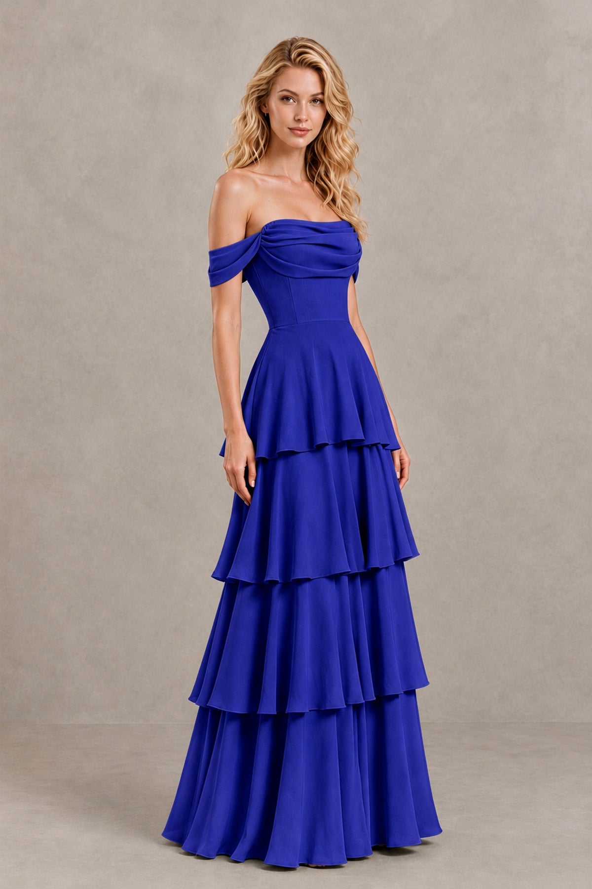BOLODOO Royal Blue Off-the-Shoulder Tiered A-Line Evening Bridesmaid Dress - Royal Blue - Royal Blue_3