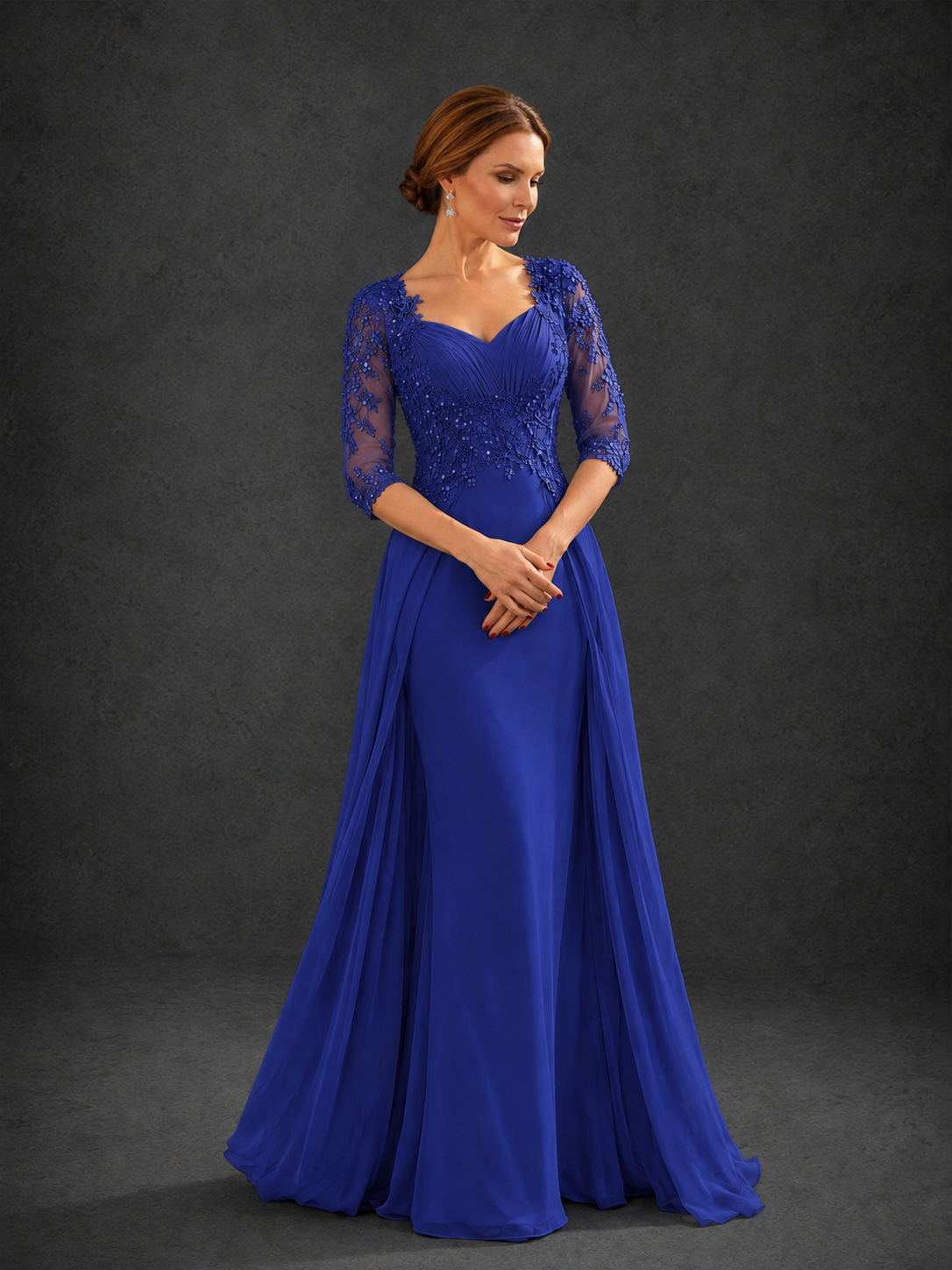 BOLODOO Royal Blue Sweetheart Neck 3/4 Sleeve Floral Lace Illusion Bodice Chiffon A-Line Gown - Royal Blue
