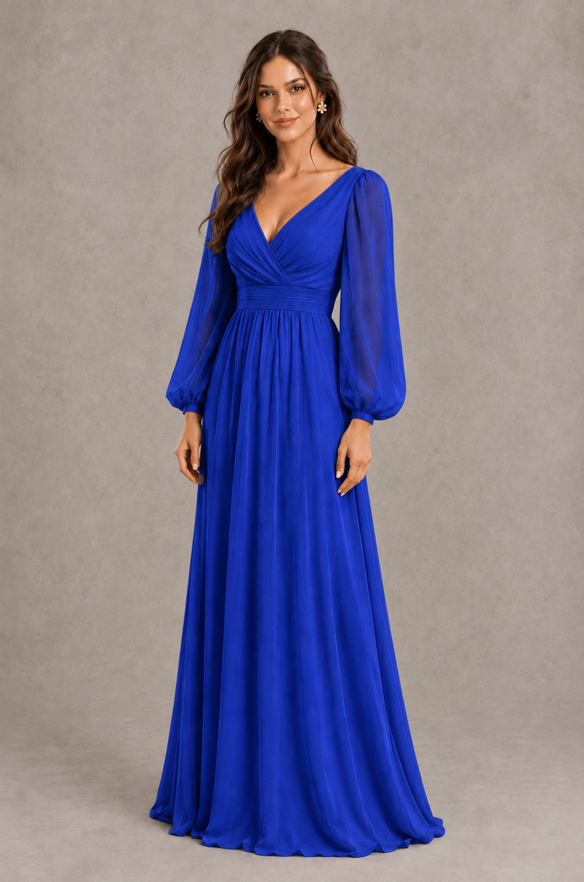 BOLODOO Royal Blue Long Sleeve V-Neck A-Line Bridesmaid Dress - Royal Blue - Royal Blue_3