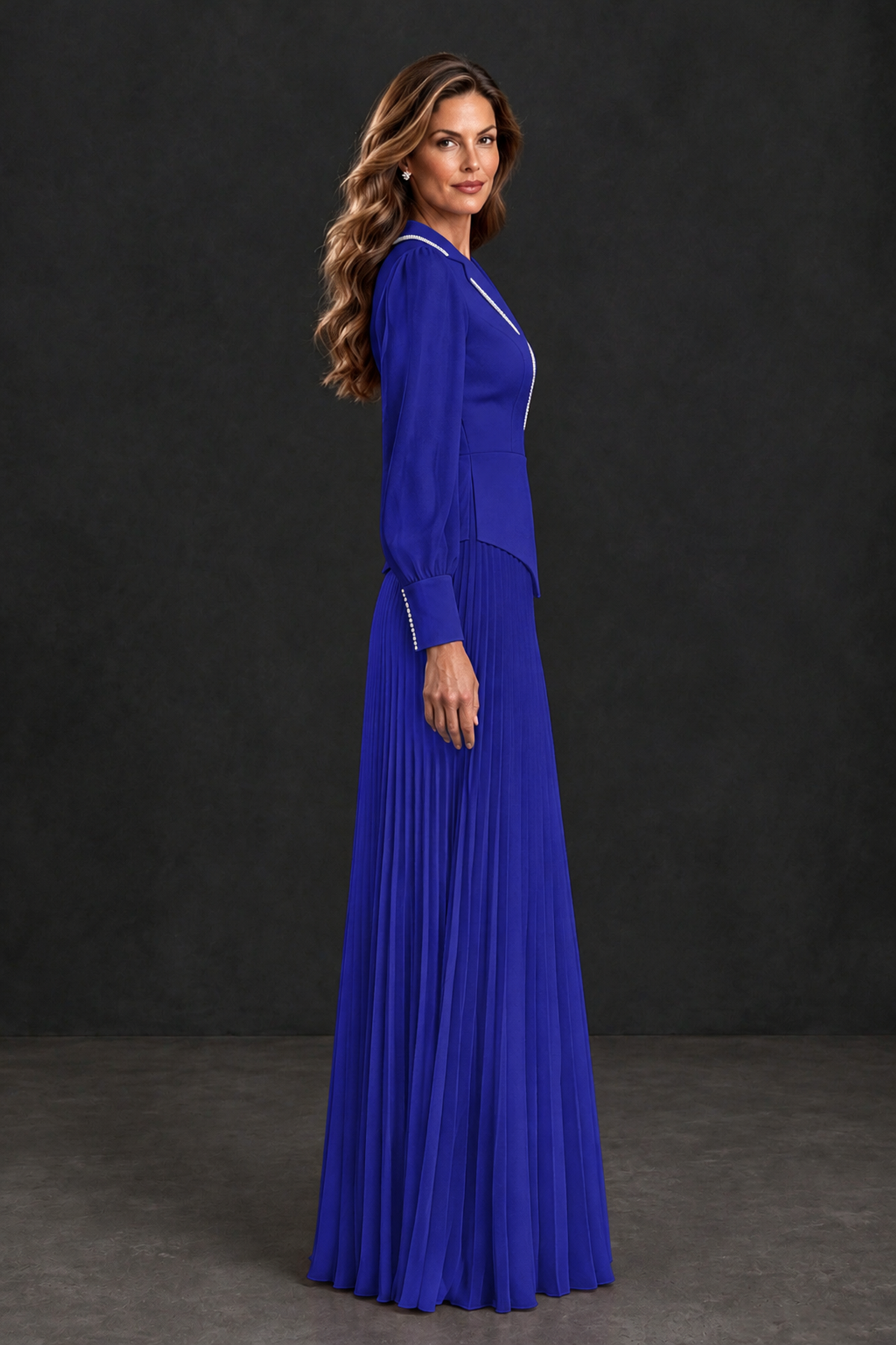 BOLODOO Royal Blue Long Sleeve Pleated Mother of the Bride Dress - Royal Blue - Royal Blue_3