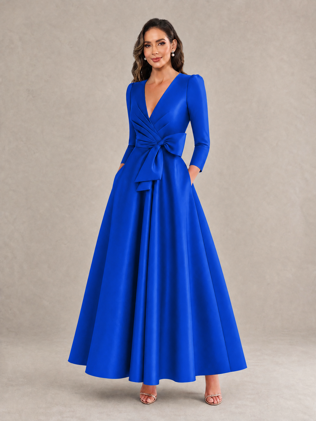 BOLODOO Royal Blue Satin Deep V-Neck Wrap 3/4 Puff Sleeve A-Line Ball Gown Maxi Dress with Oversized Bow Belt - Royal Blue