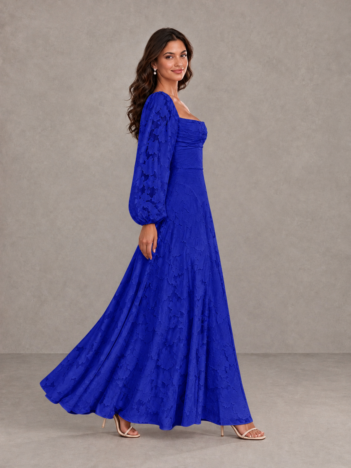 BOLODOO Royal Blue Floral Long Sleeve A-Line Bridesmaid Dress - Royal Blue - Royal Blue_3