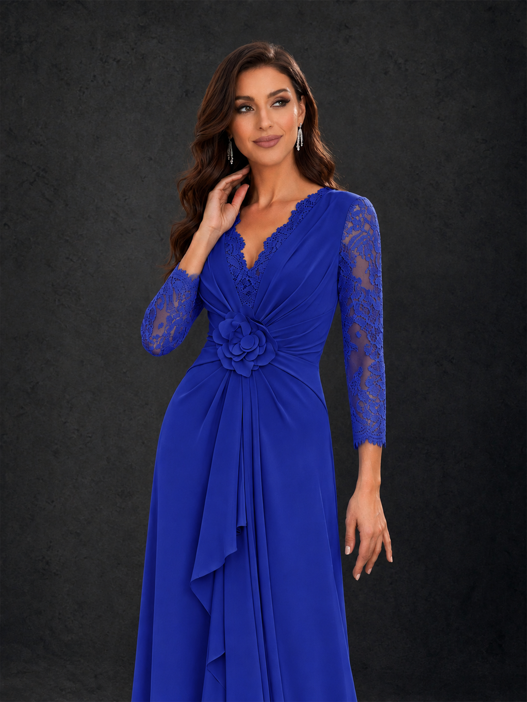 BOLODOO Royal Blue Lace Sleeve V-Neck Floral Waist Chiffon A-Line Maxi Dress - Royal Blue