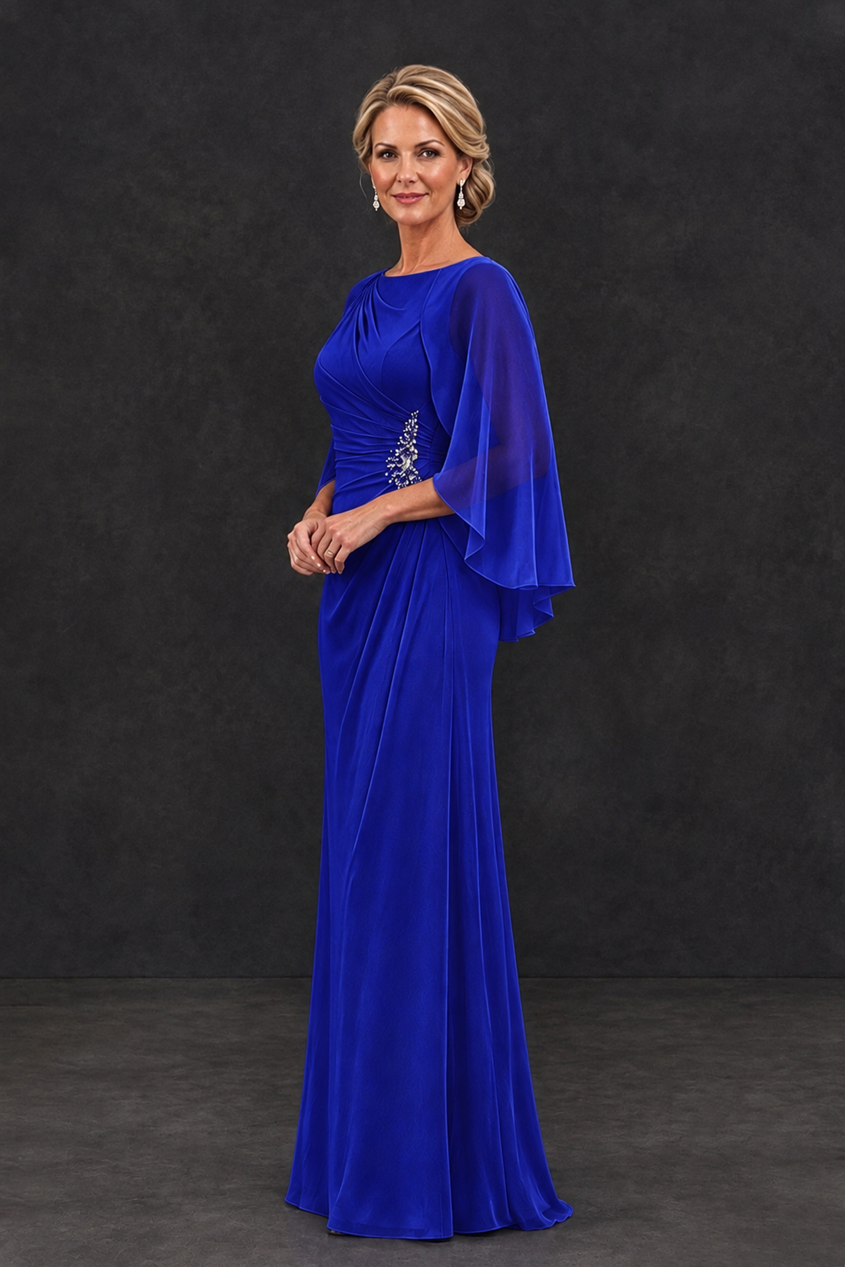 BOLODOO Royal Blue Cape Sleeve Mother of the Bride Dress with Ruched Waist - Royal Blue - Royal Blue_3