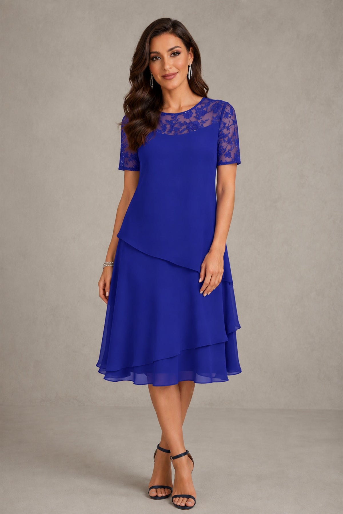 BOLODOO Royal Blue Illusion Lace Short Sleeve Tiered Chiffon Tea Length Dress | Mother of the Bride Midi Dress - Royal Blue