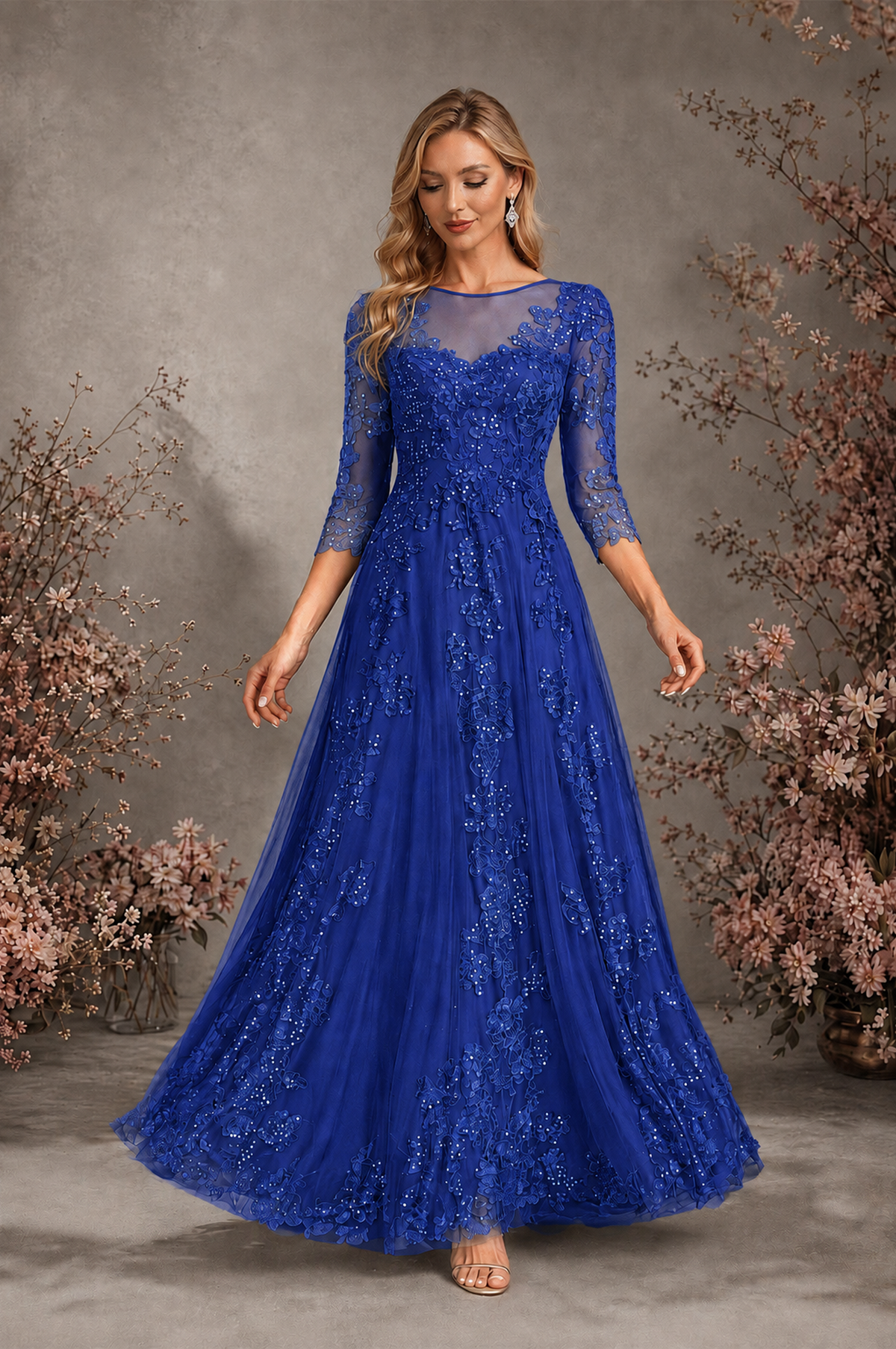 BOLODOO Royal Blue Sequin Lace 3/4 Sleeve Open Back Formal Evening Gown - Royal Blue