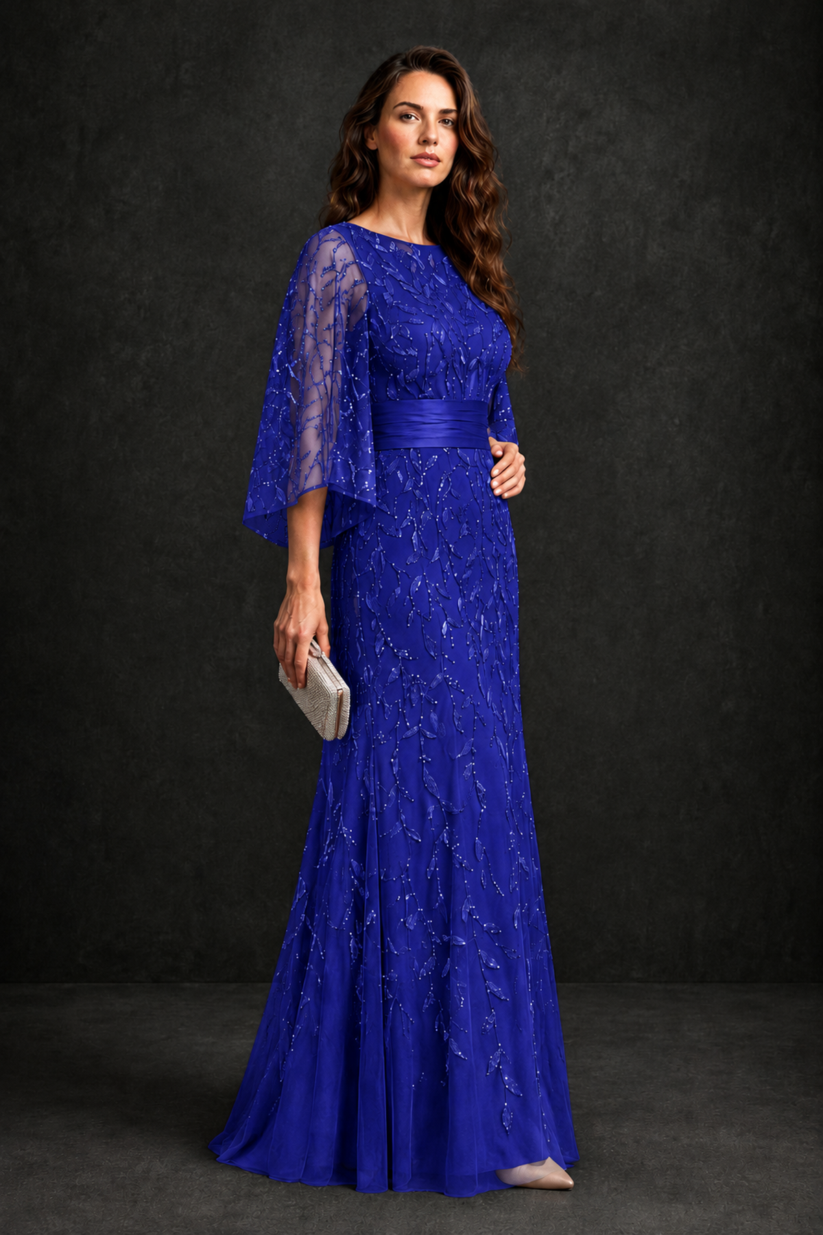 BOLODOO Royal Blue Bateau Neck Bell Sleeve Sequin Embroidered Satin Waist A-Line Maxi Dress - Royal Blue - Royal_Blue_3