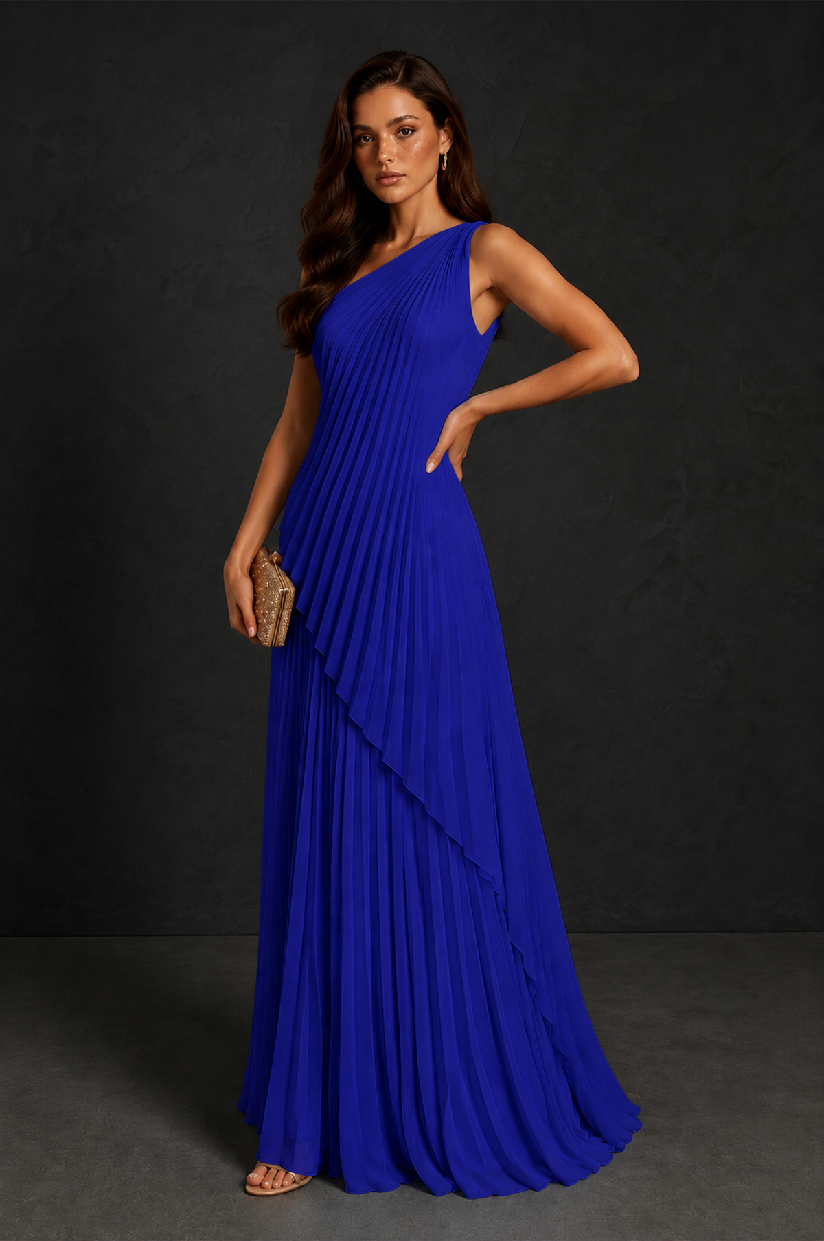 BOLODOO Royal Blue One-Shoulder Sunburst Pleated Asymmetric Layered Overlay Accordion Pleated Chiffon Maxi Dress - Royal Blue