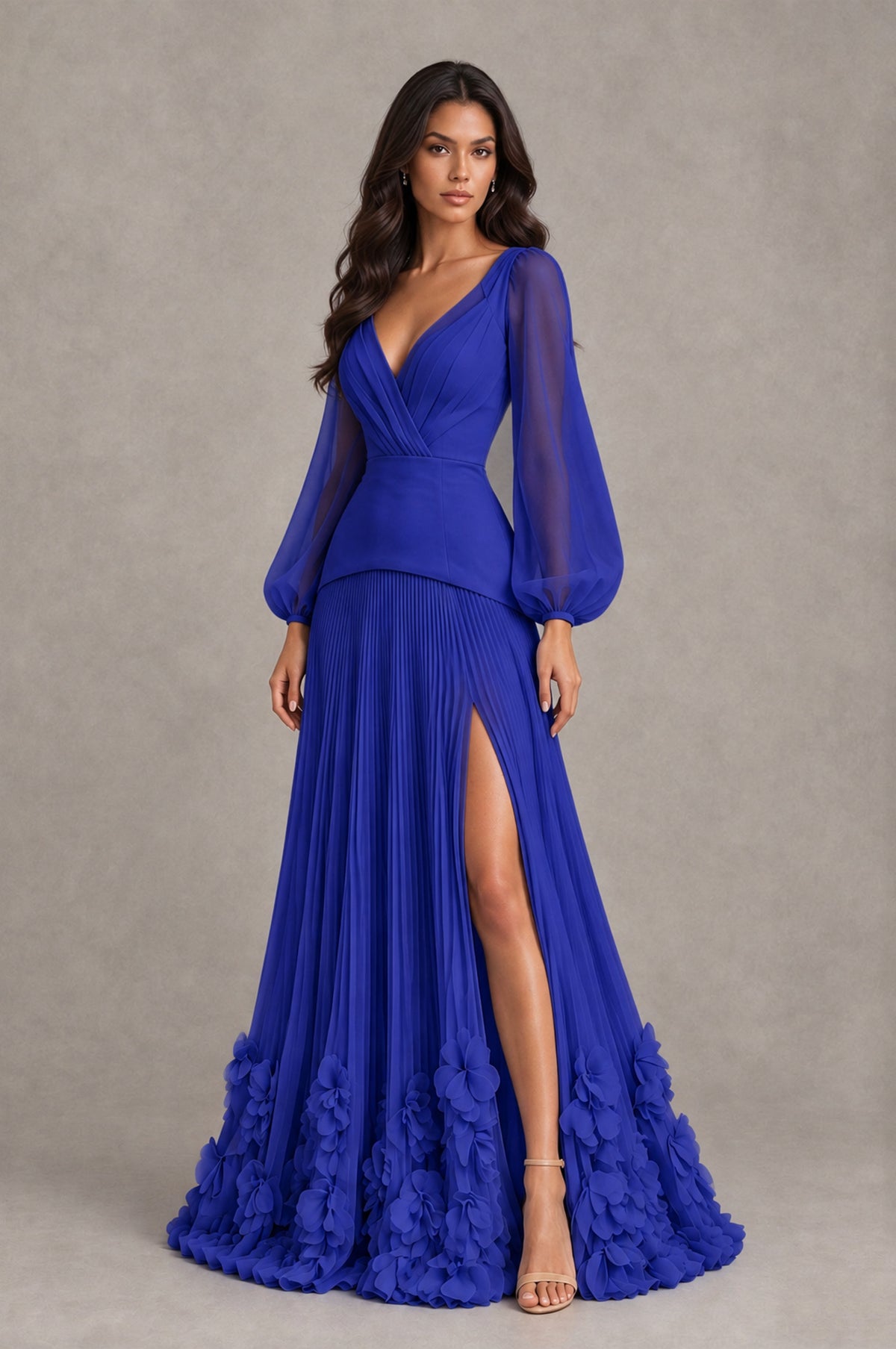 BOLODOO Royal Blue V-Neck Long Sleeve Pleated Floral Hem Evening Dress - Royal Blue - Royal Blue_3