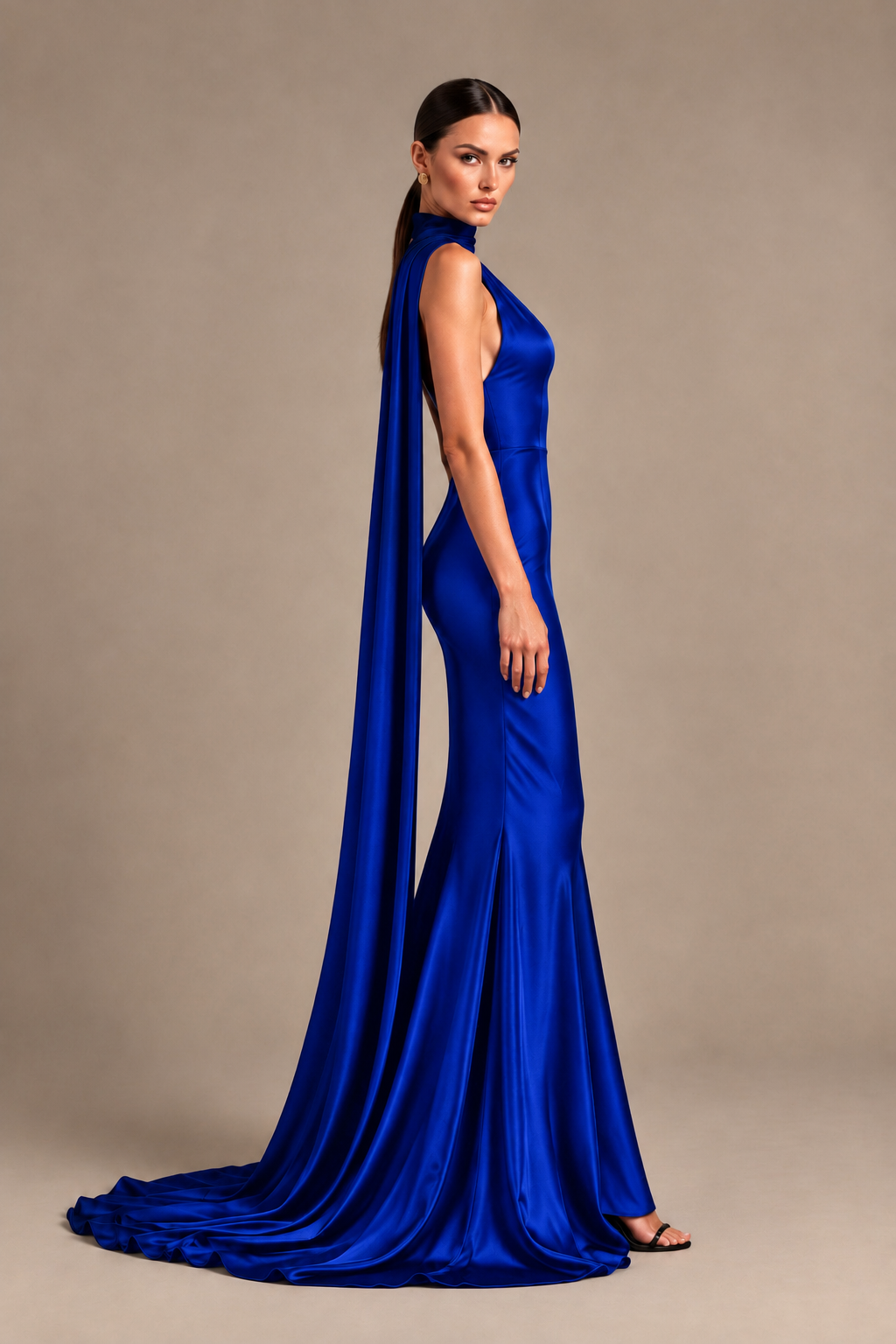 BOLODOO Royal Blue One-Shoulder Satin Mermaid Evening Dress with Scarf - Royal Blue - Royal Blue_3