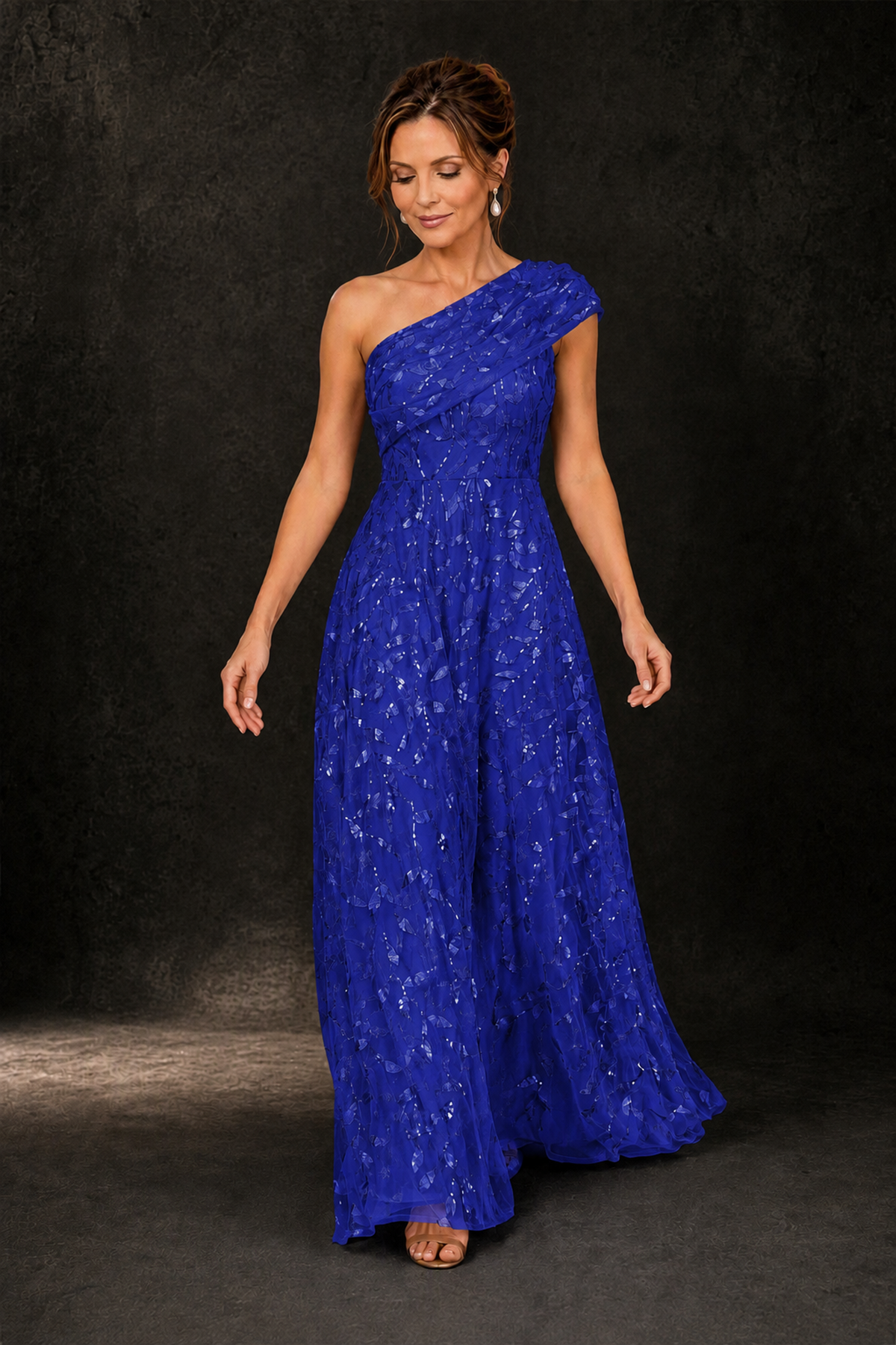 BOLODOO Royal Blue Leaf Sequin One-Shoulder A-Line Maxi Gown – Mother of the Bride & Formal Evening Dress - Royal Blue - Royal Blue_3