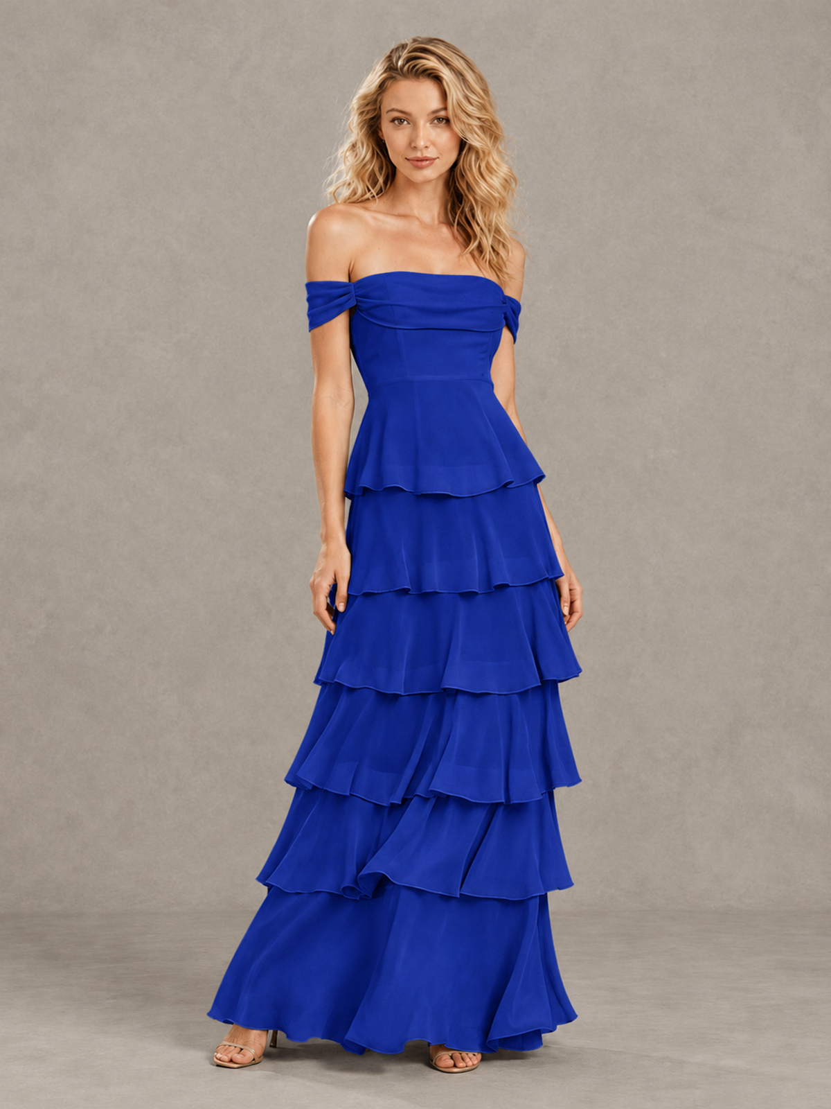 BOLODOO Royal Blue Off-Shoulder Tiered Ruffle Bridesmaid Dress with Lace-Up Back - Royal Blue - Royal Blue_3