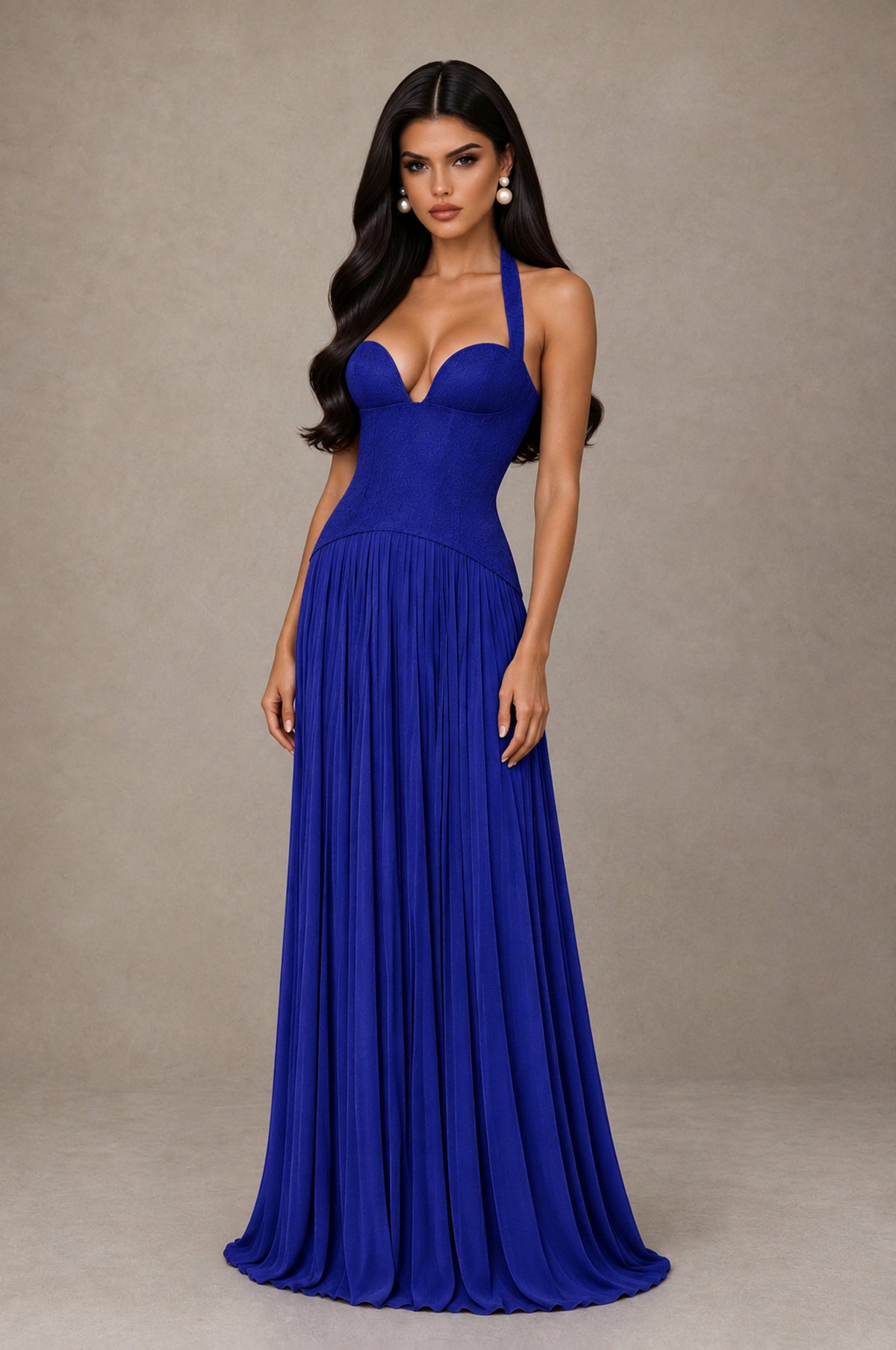 BOLODOO Royal Blue Halter Corset Pleated A-Line Evening Dress - Royal Blue - Royal Blue_3