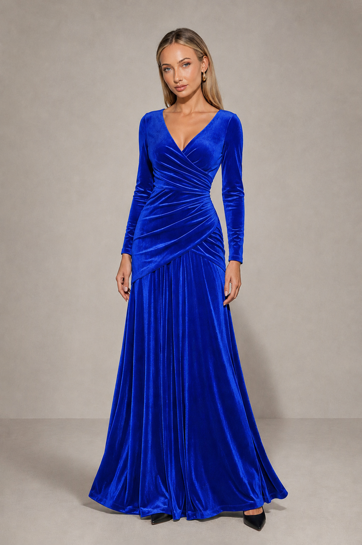 BOLODOO Royal Blue Velvet Long Sleeve V-Neck Ruched Evening Dress - Royal Blue - Royal_Blue_3