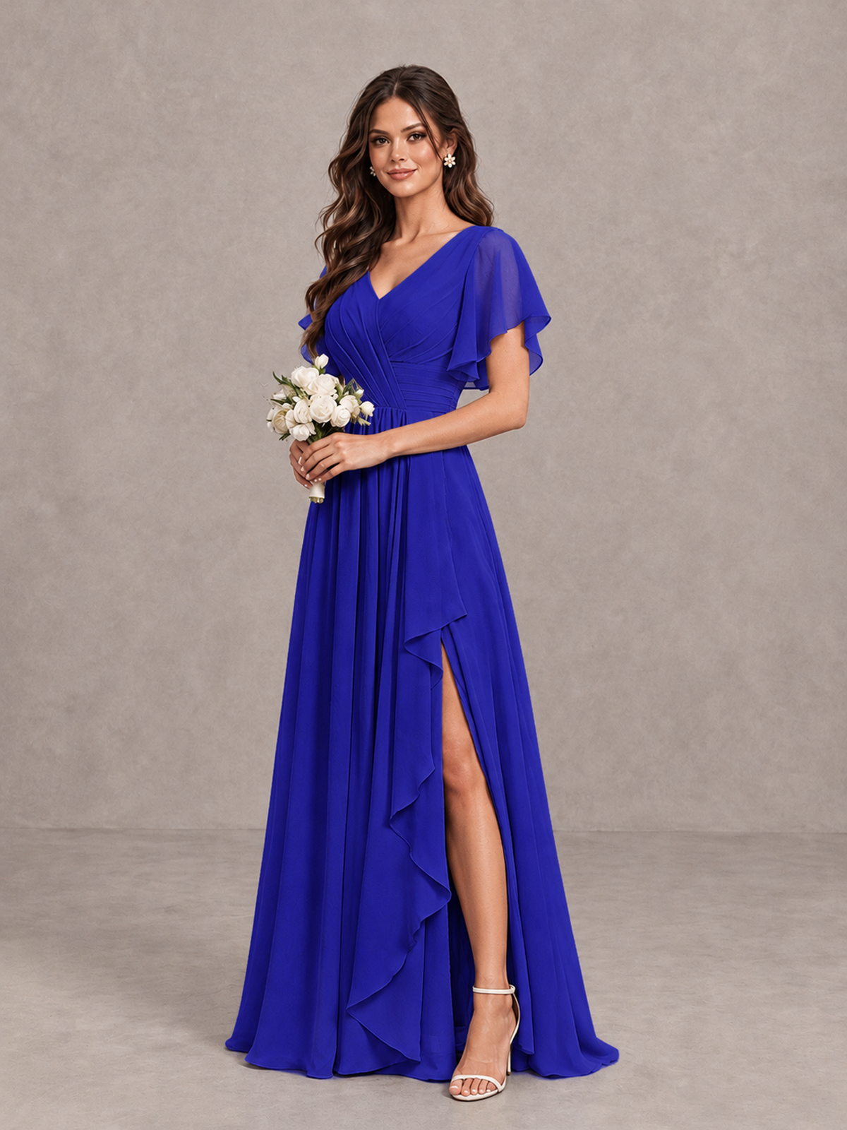 BOLODOO Royal Blue Flutter Sleeve V-Neck Bridesmaid Dress with Ruffle Slit - Royal Blue - Royal Blue_3
