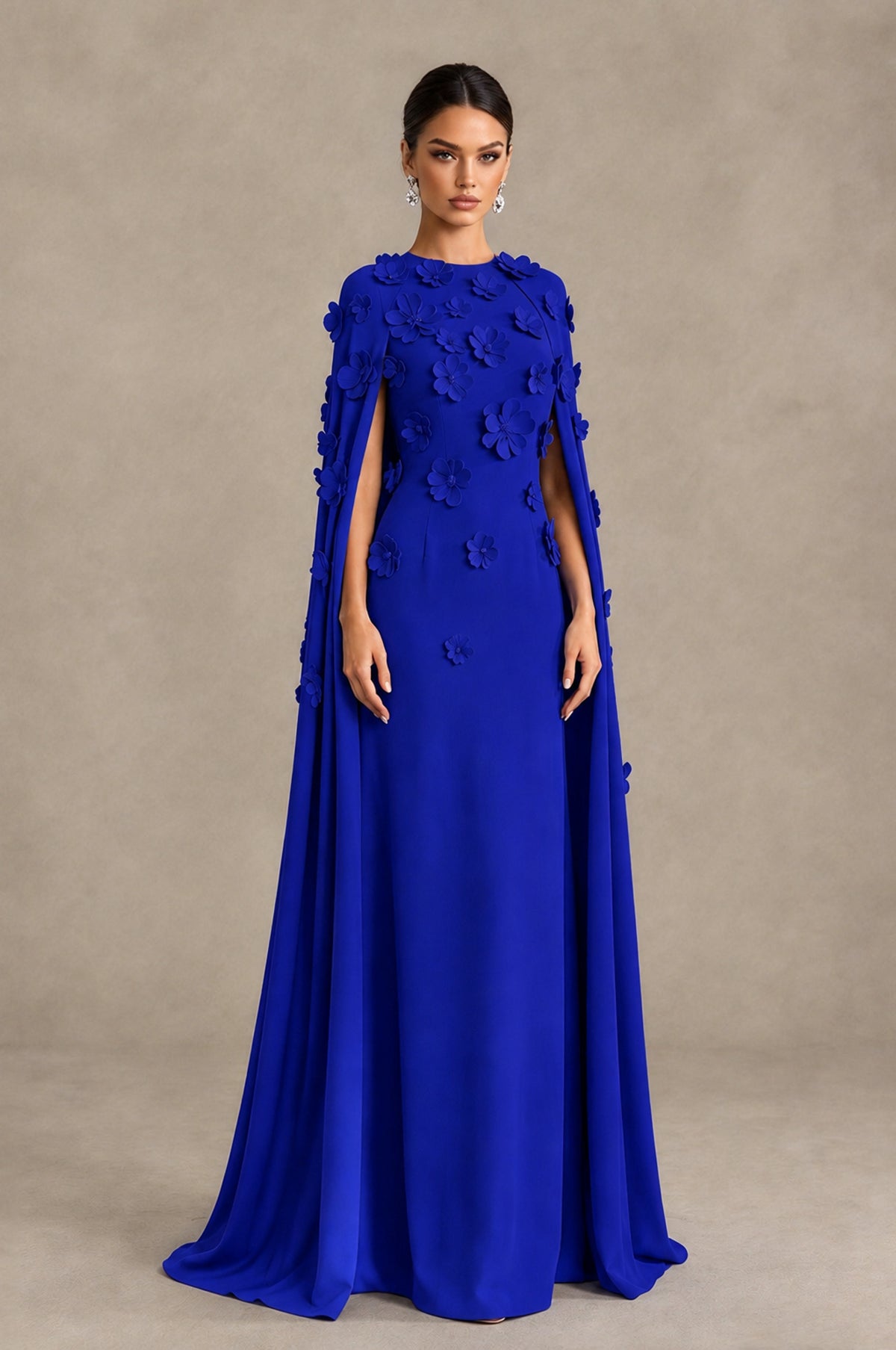 BOLODOO Royal Blue 3D Floral Applique Cape Formal Dress - Royal Blue - Royal Blue_3