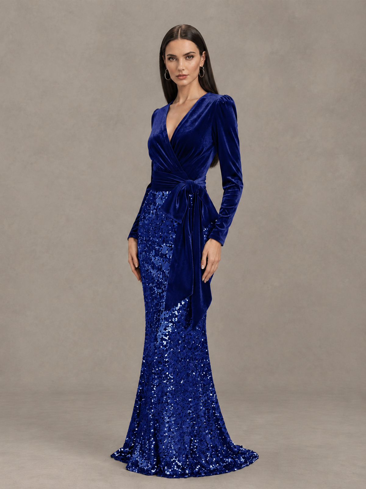 BOLODOO Royal Blue Velvet & Sequin Long Sleeve V-Neck Mermaid Evening Gown - Royal Blue - Royal Blue_3